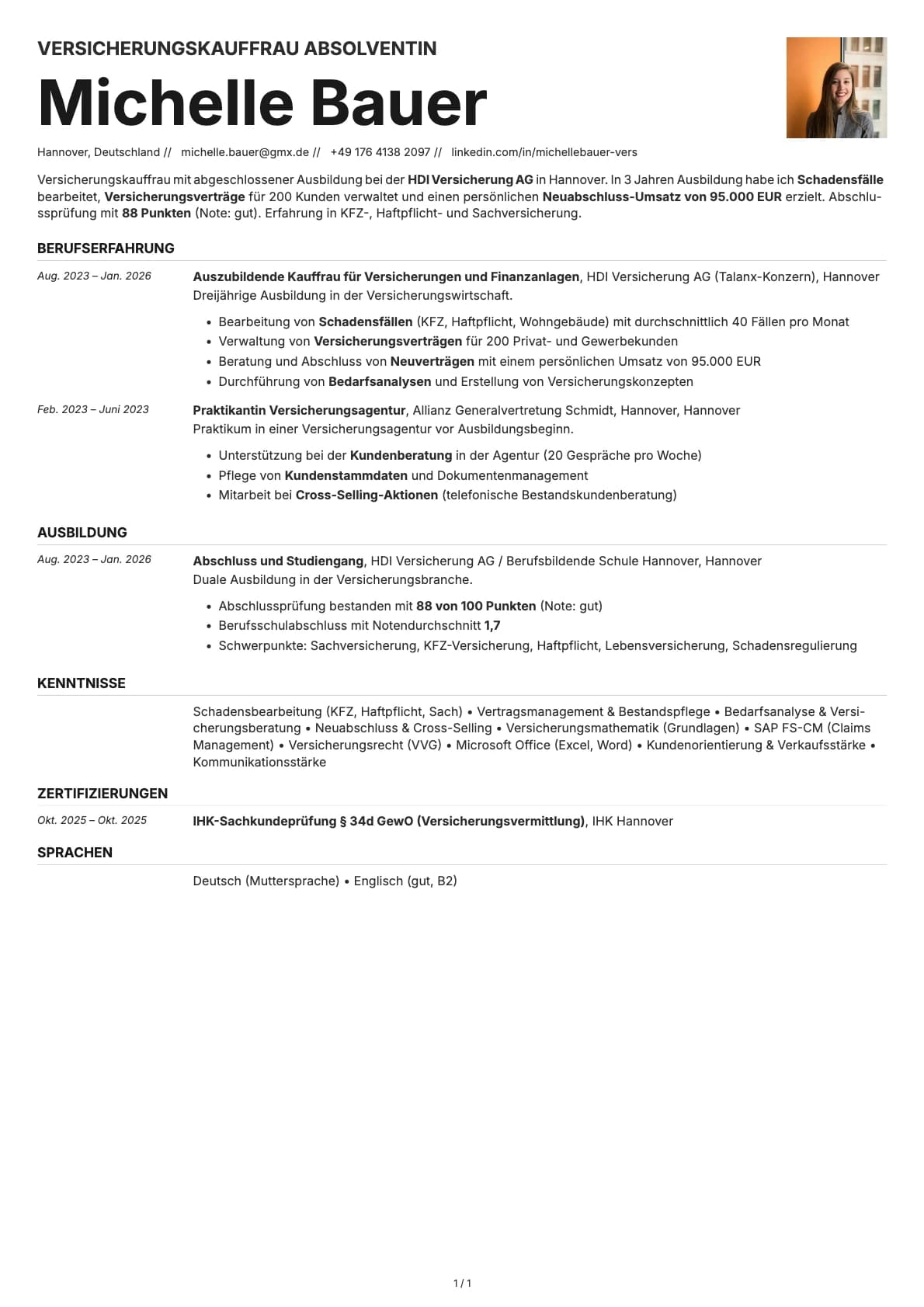 Versicherungskaufmann Absolvent resume example