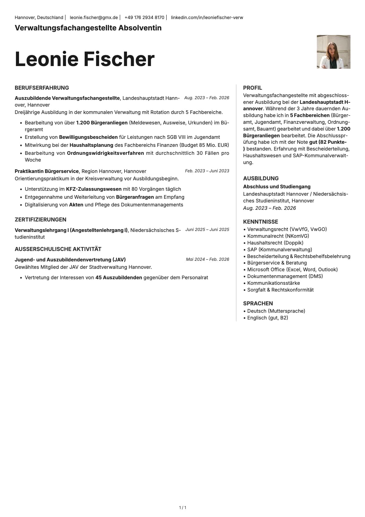 Verwaltungsfachangestellter Absolvent resume example