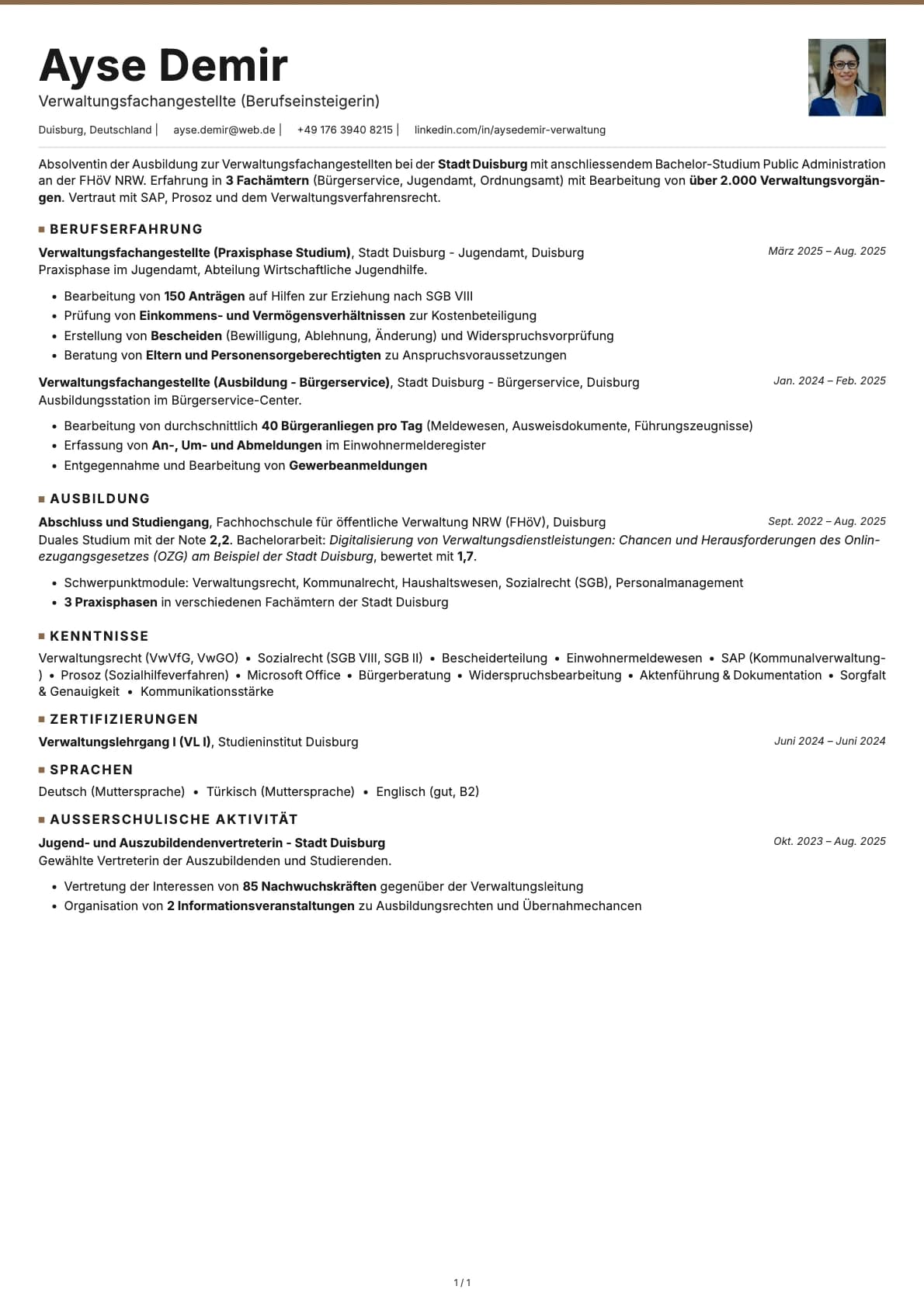 Verwaltungsfachangestellte (Berufseinsteigerin) resume example