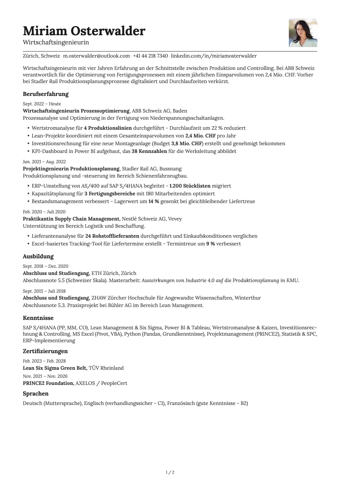 Wirtschaftsingenieur resume example