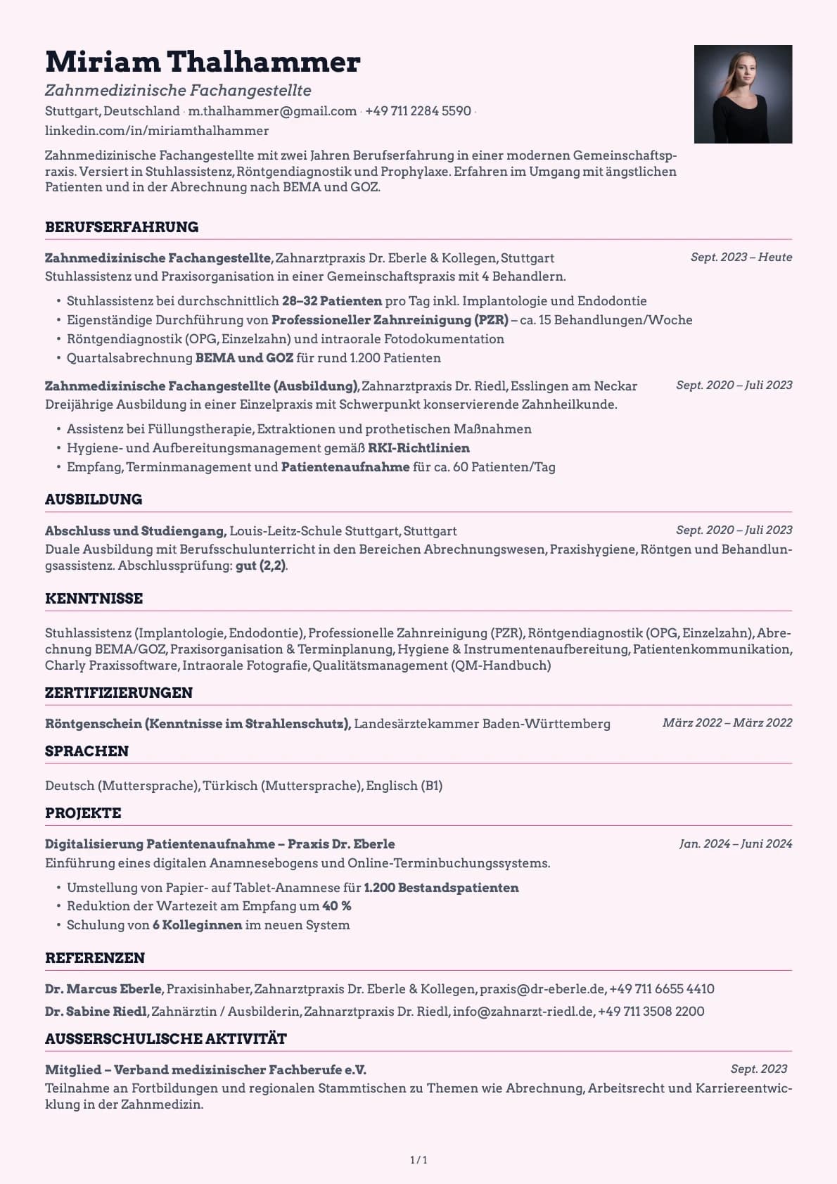 Zahnmedizinische Fachangestellte resume example