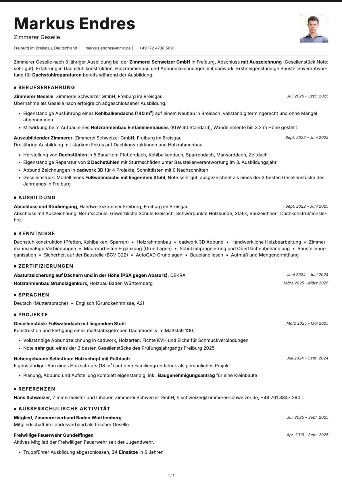 Zimmerer Geselle resume example