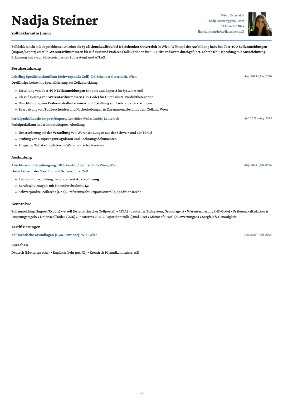 Zolldeklarant Junior resume example