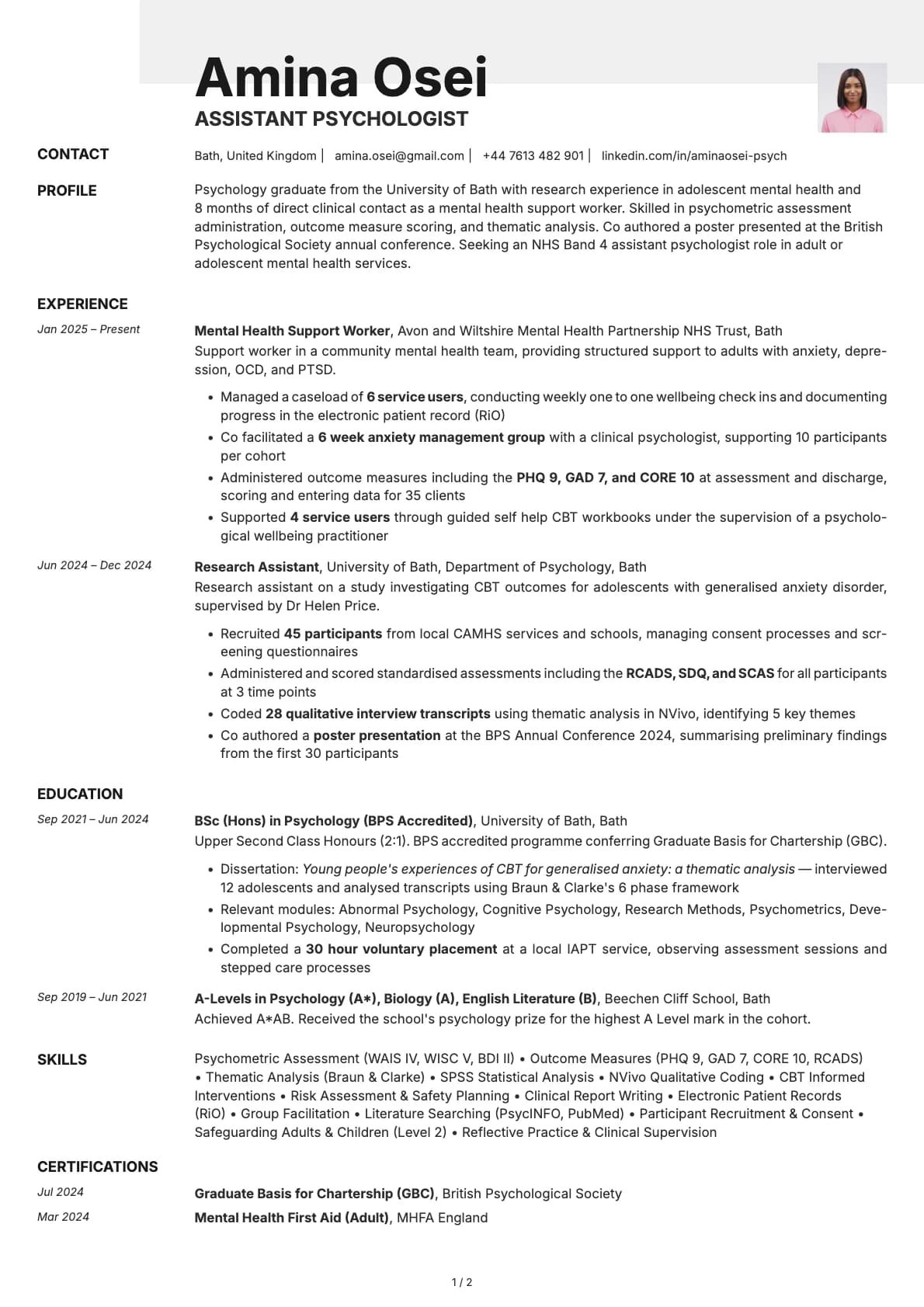 Assistant Psychologist resume example