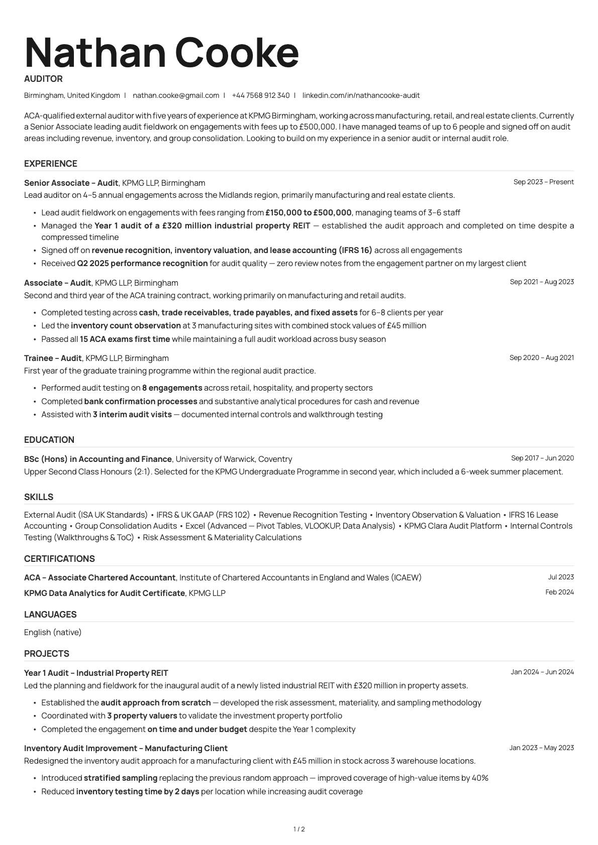 Auditor resume example