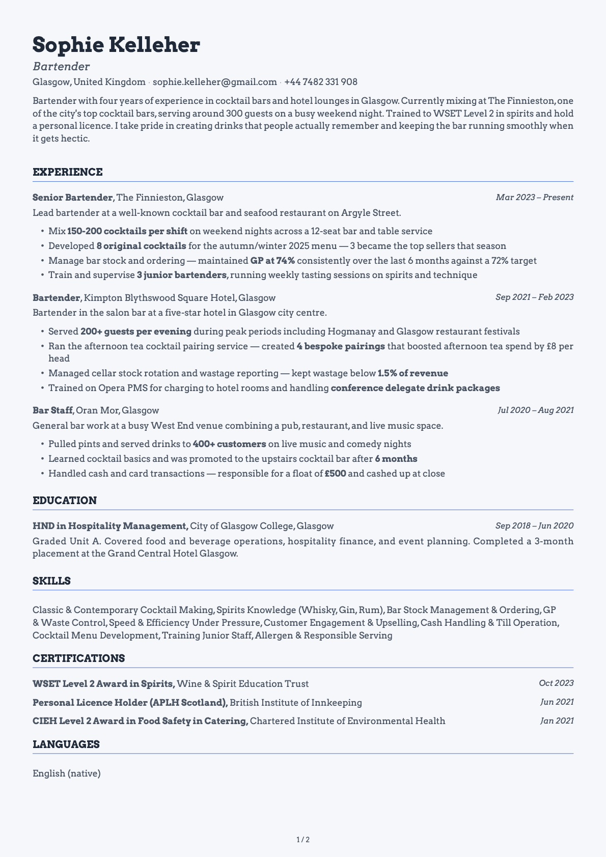 Bartender resume example
