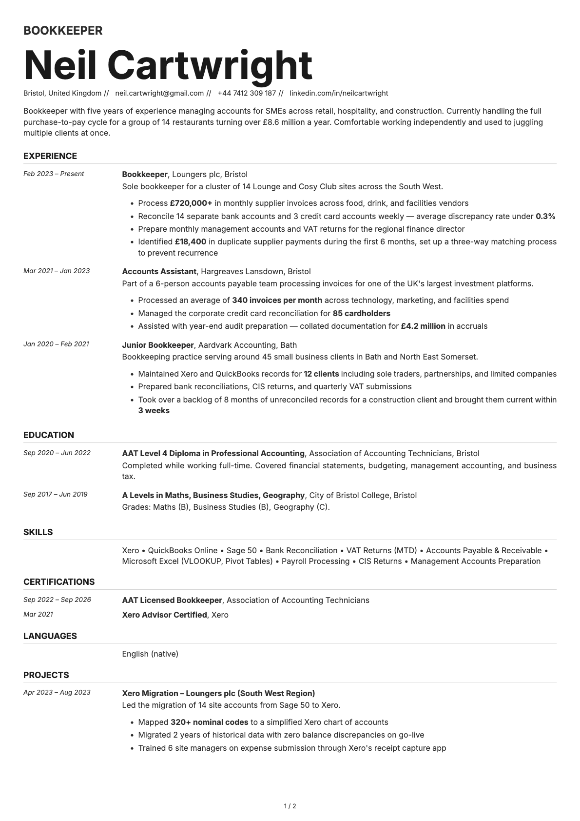 Bookkeeper resume example