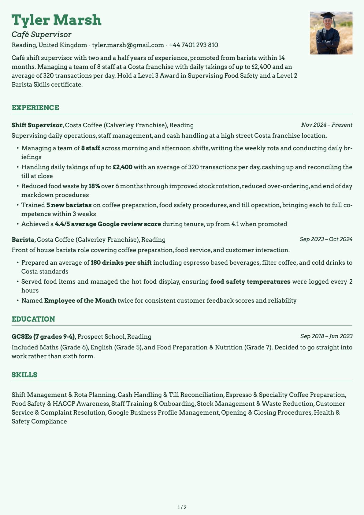 Café Supervisor resume example