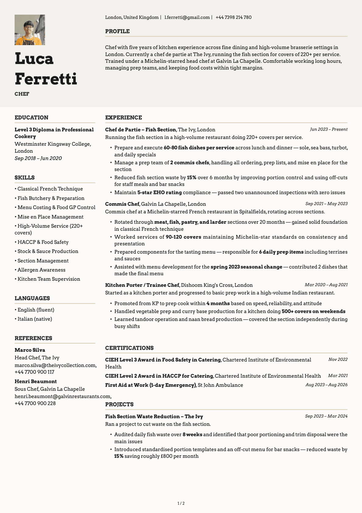Chef resume example