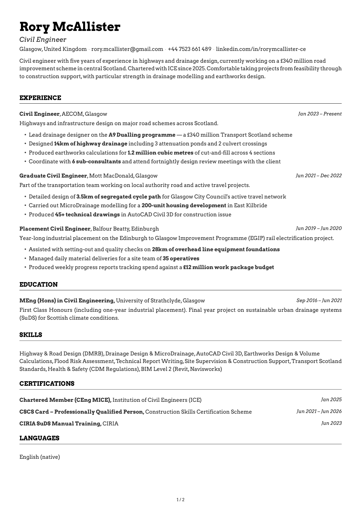 Civil Engineer resume example