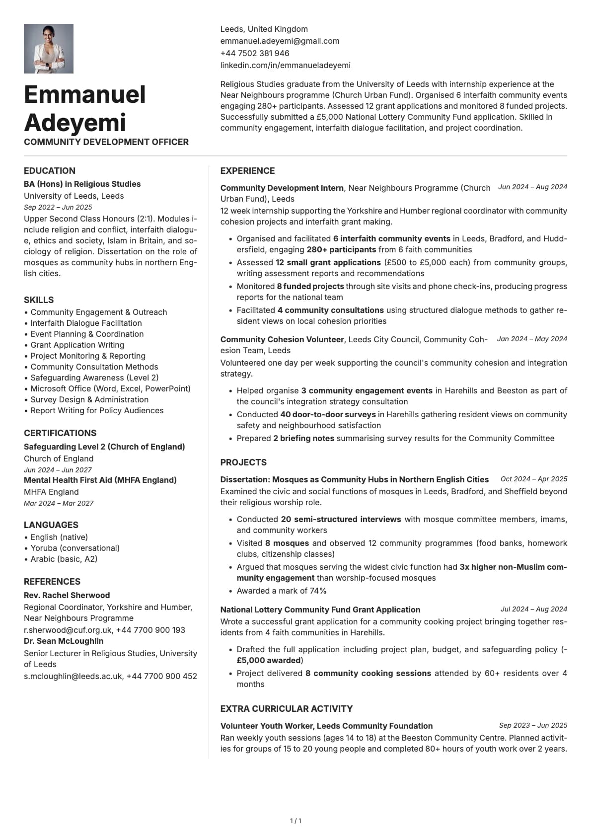 Community Development Officer resume example
