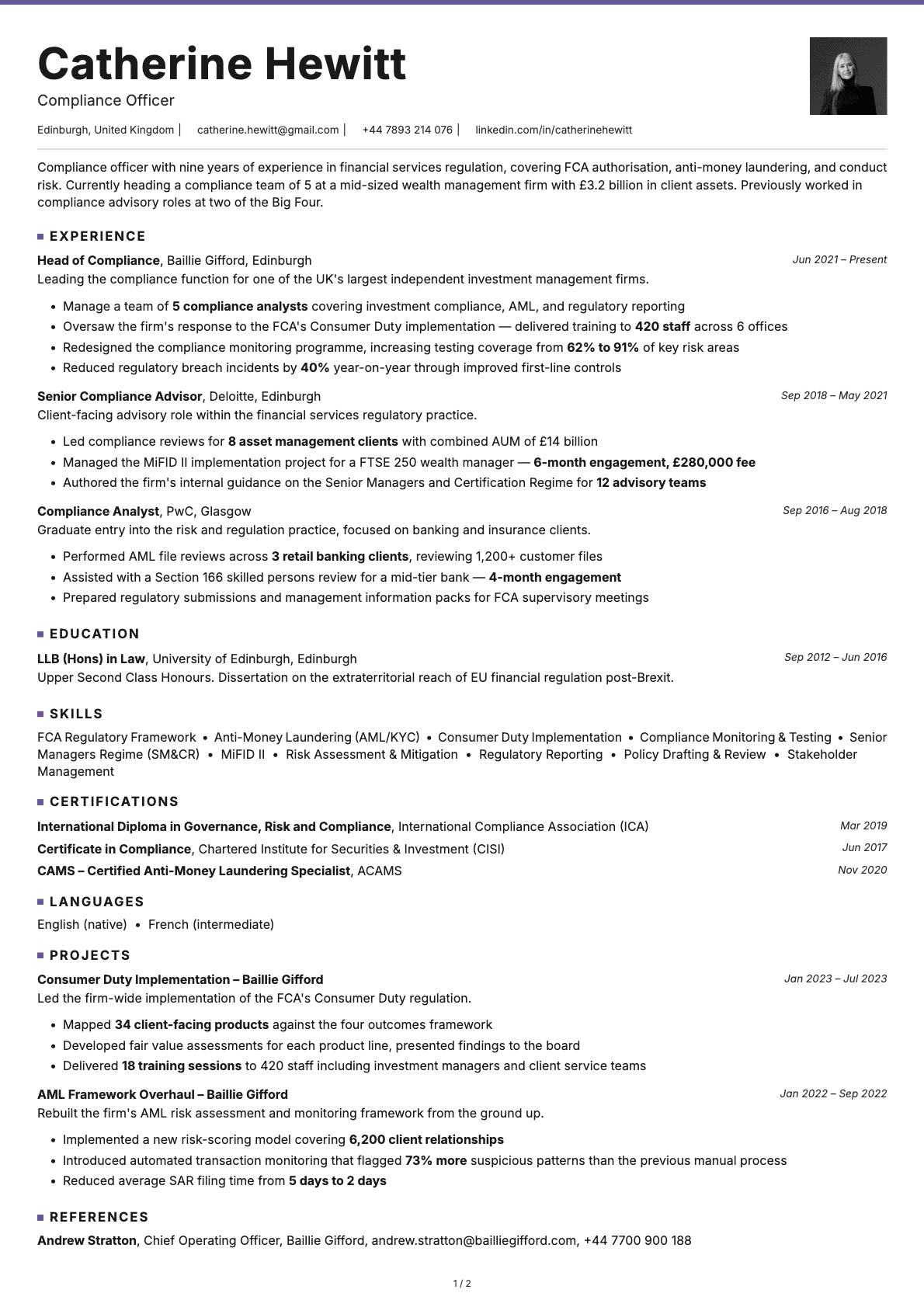 Compliance Officer resume example
