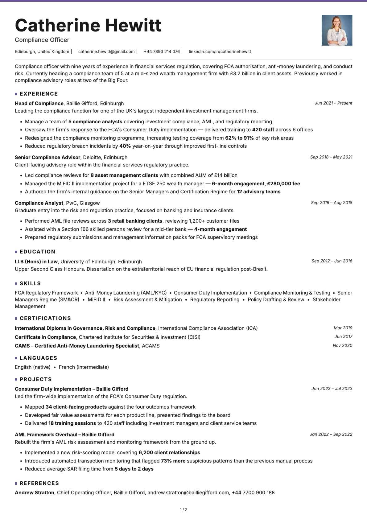 Compliance Officer resume example