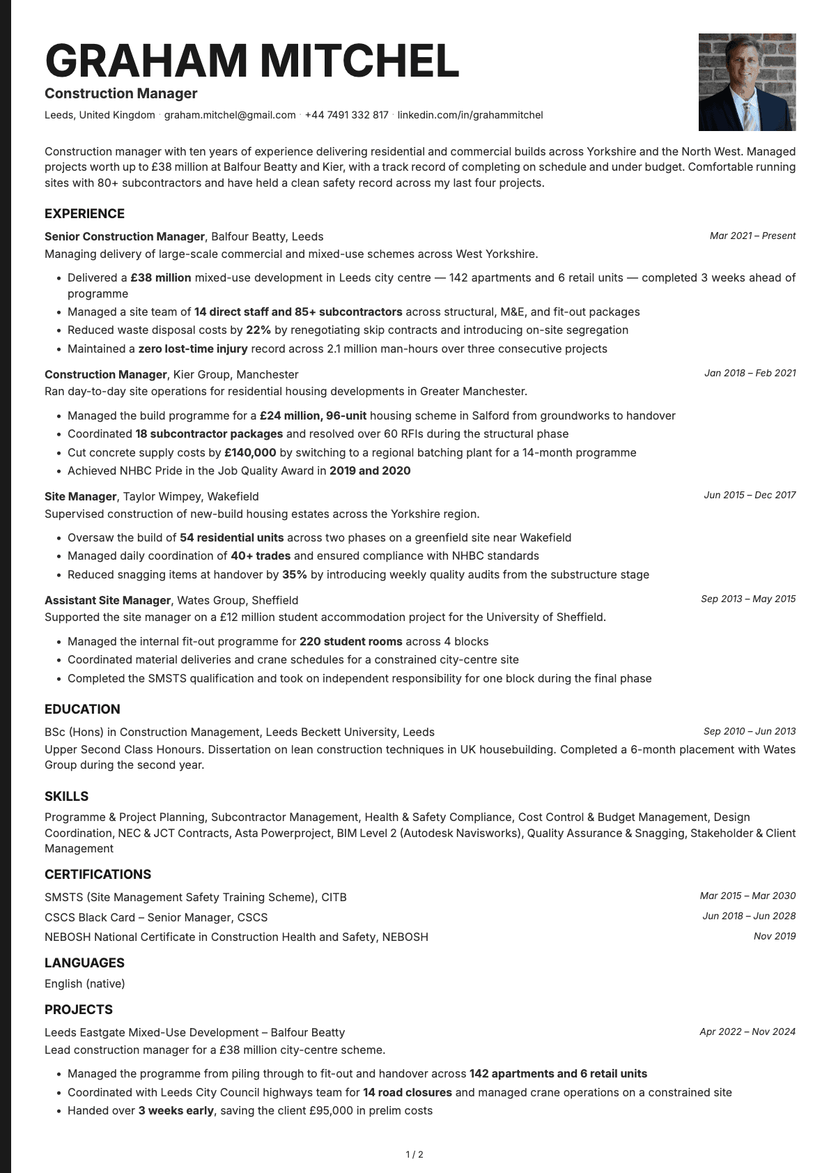 Construction Manager resume example