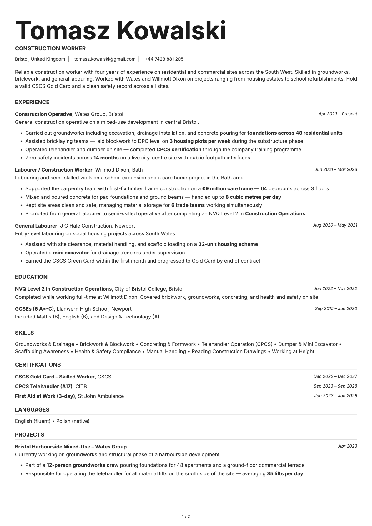 Construction Worker resume example
