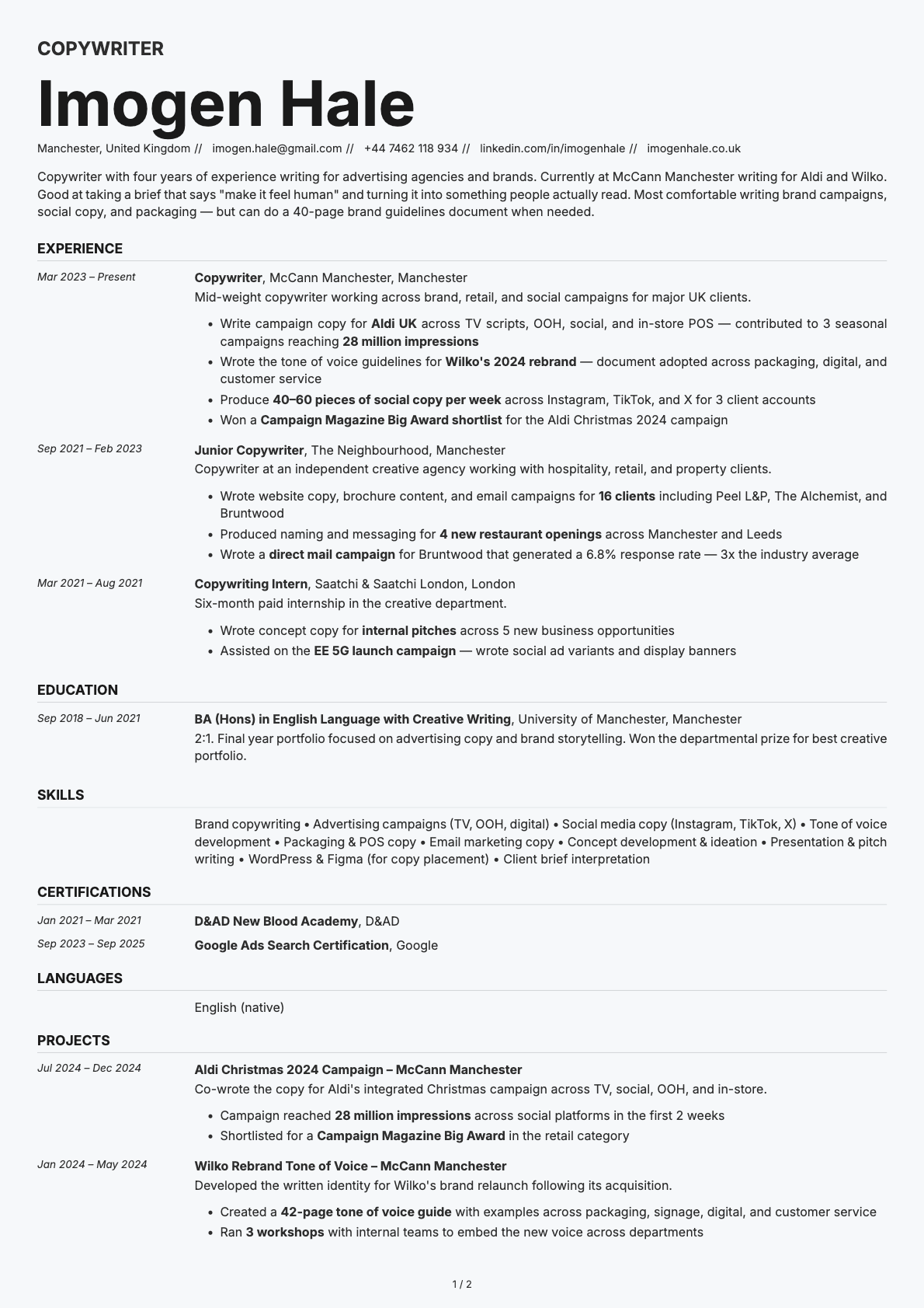 Copywriter resume example