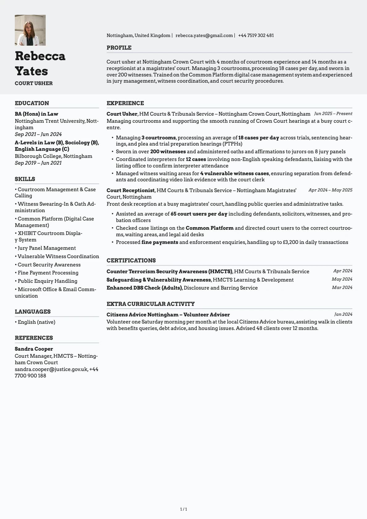 Court Usher resume example