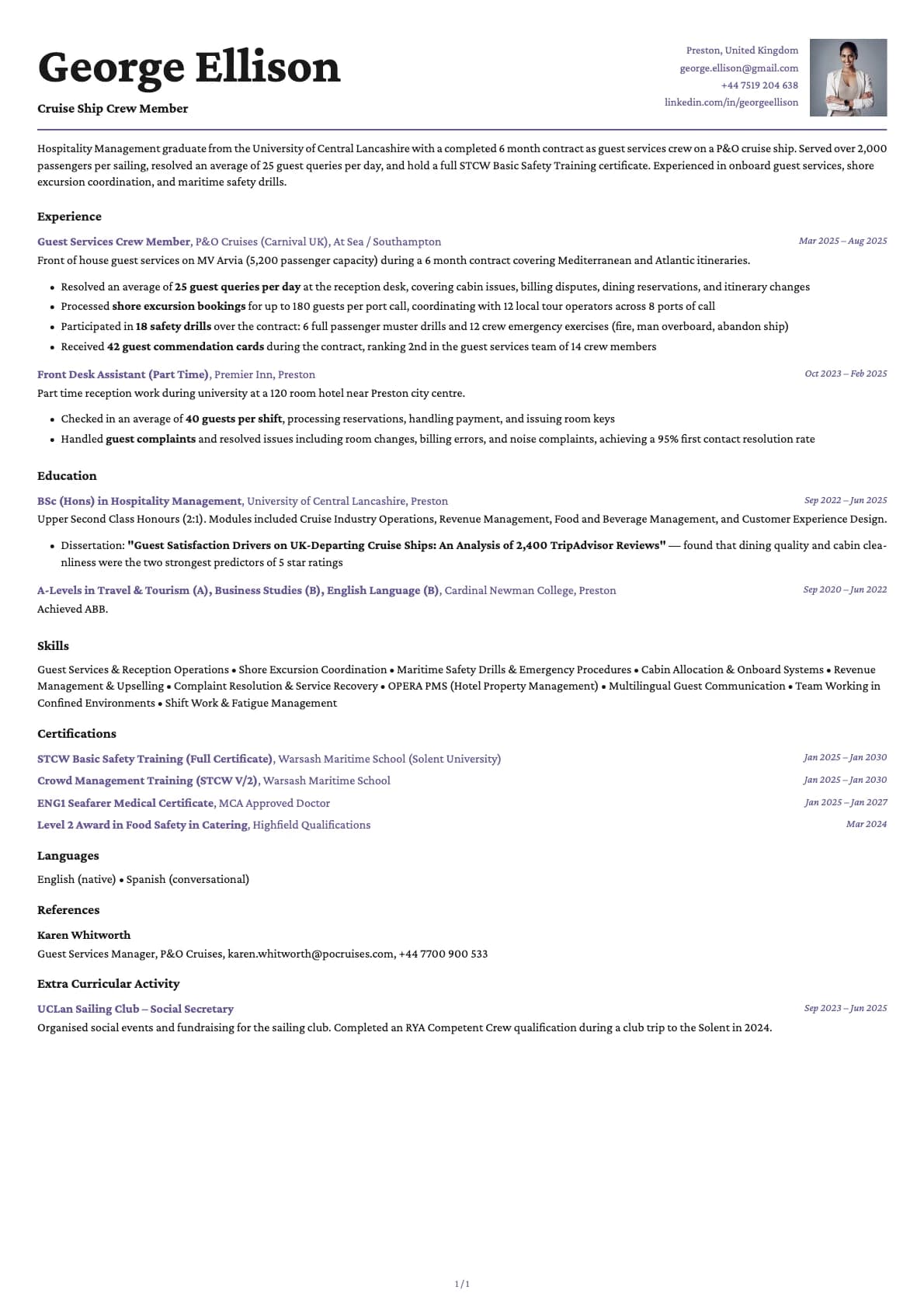 Cruise Ship Crew Member resume example