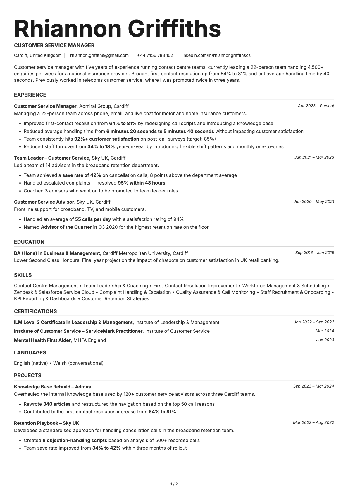 Customer Service Manager resume example