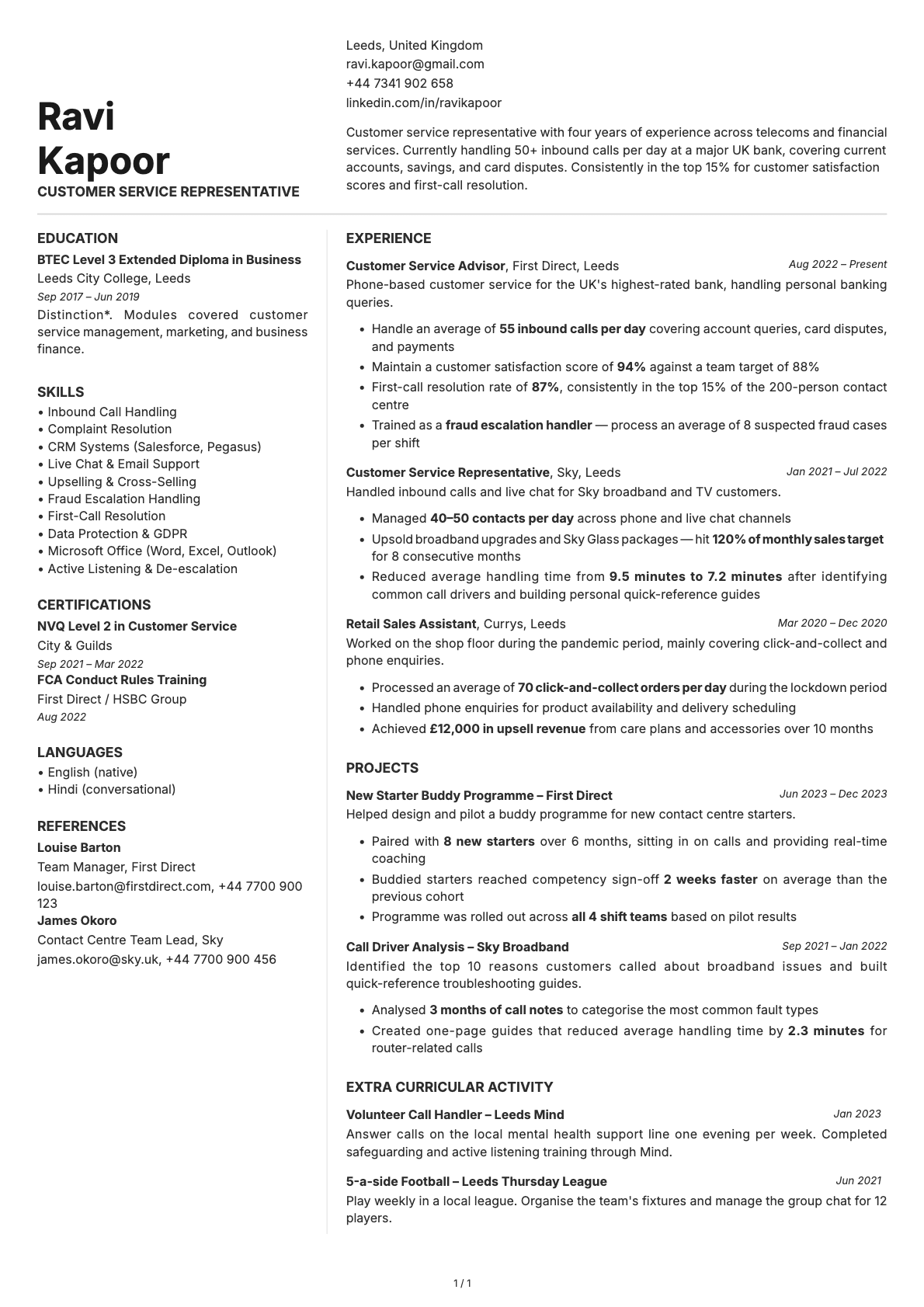 Customer Service Representative resume example