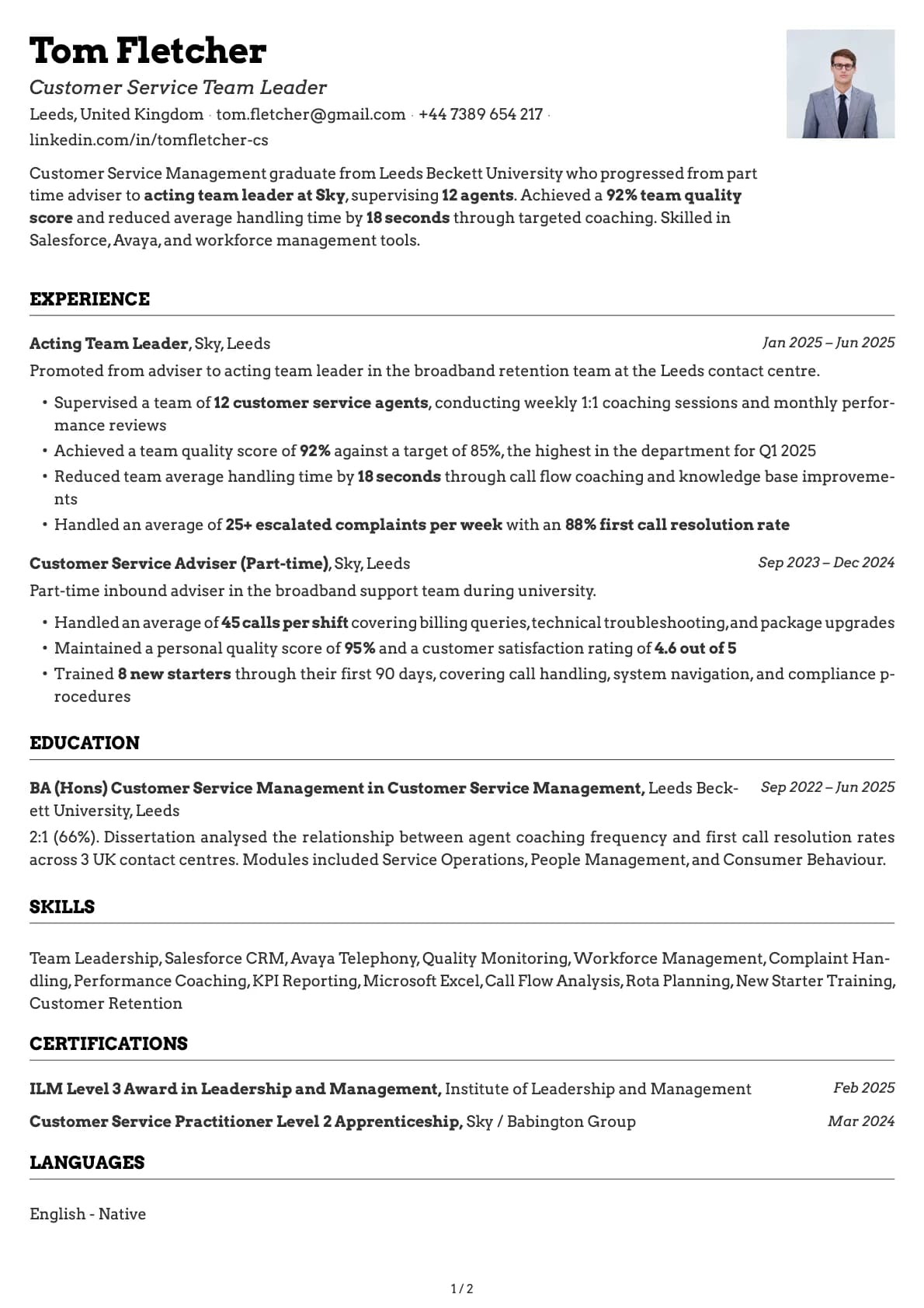 Customer Service Team Leader resume example