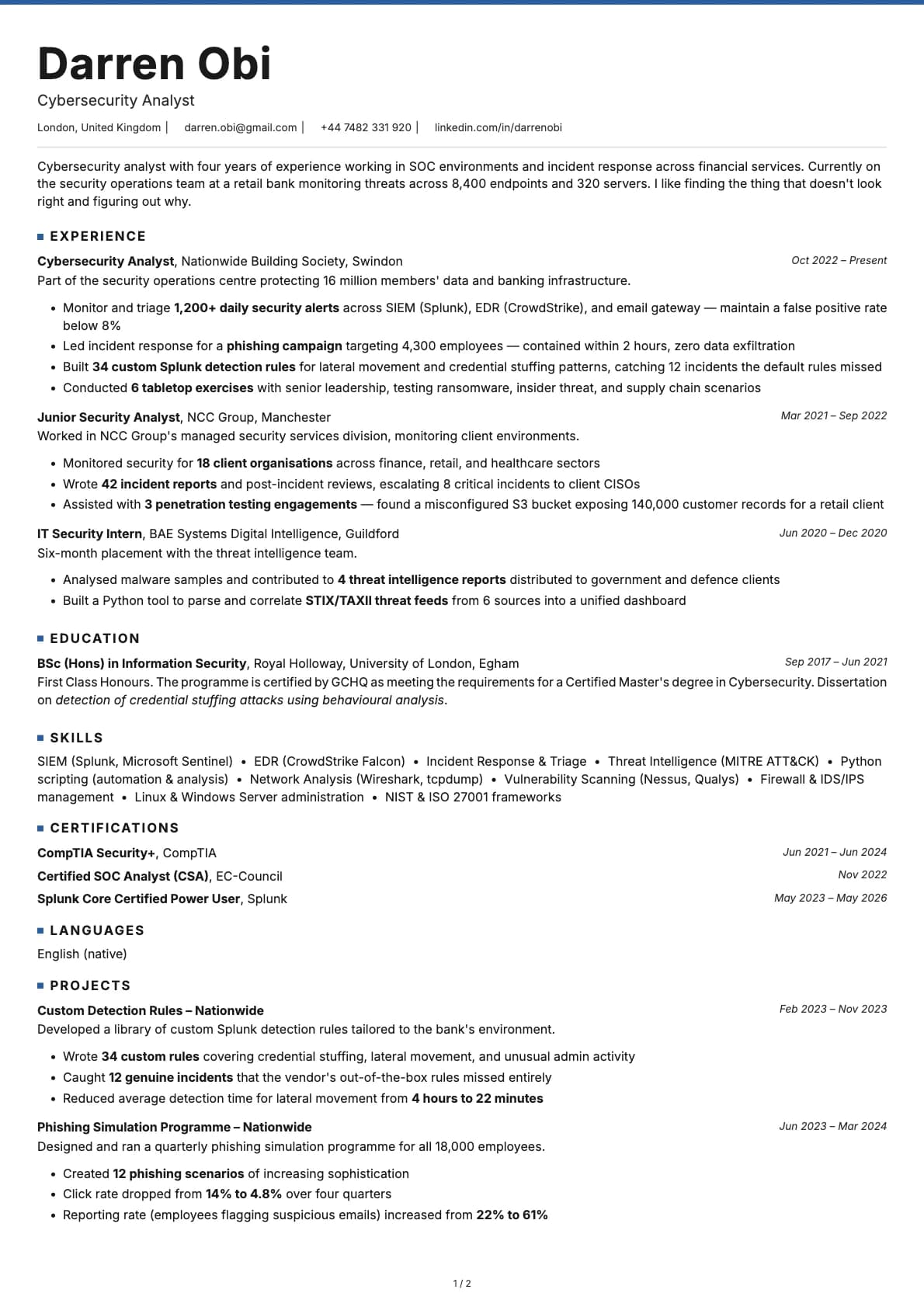 Cybersecurity Analyst resume example