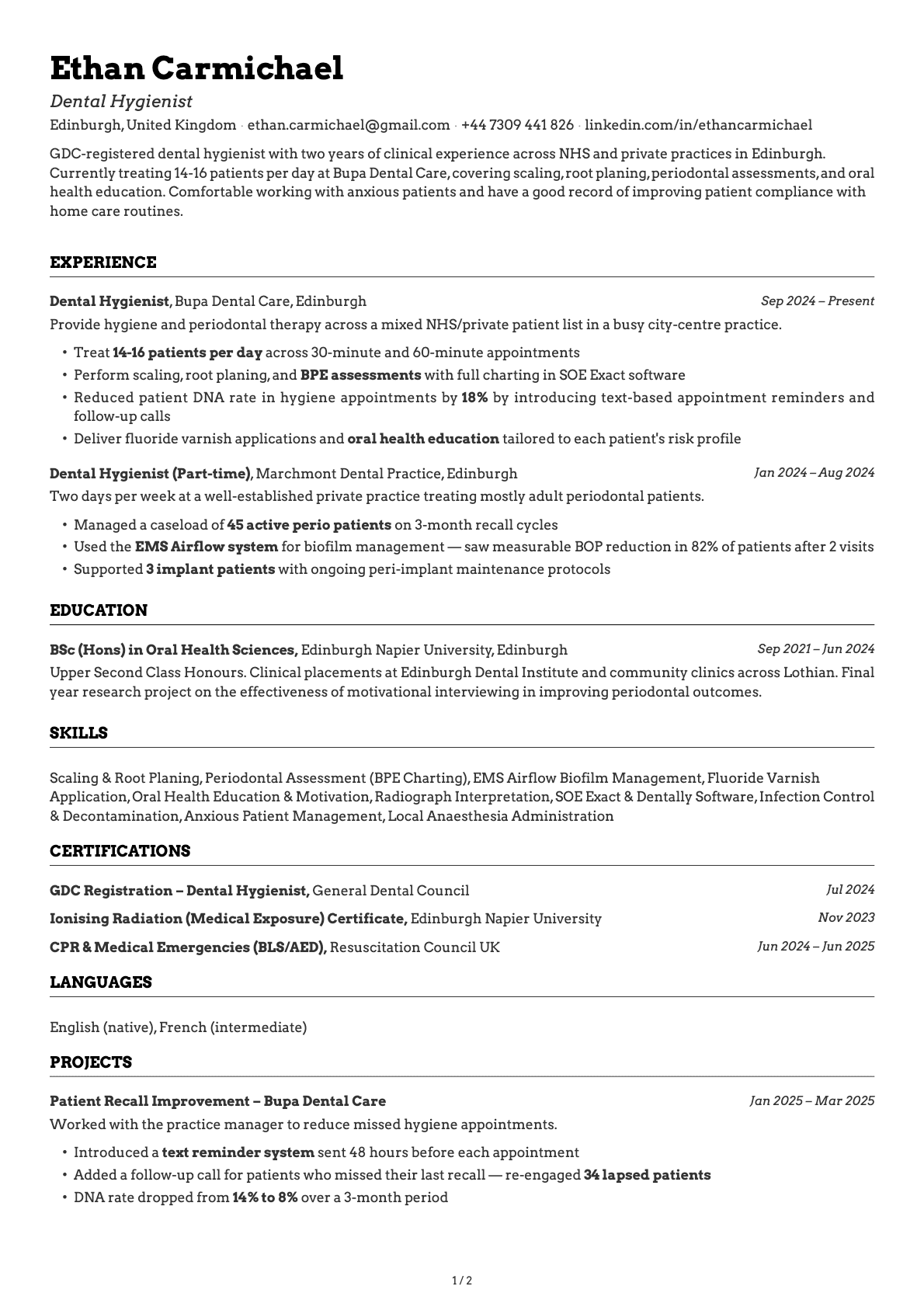 Dental Hygienist resume example