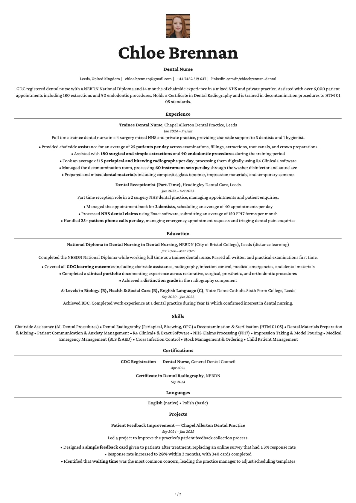 Dental Nurse resume example