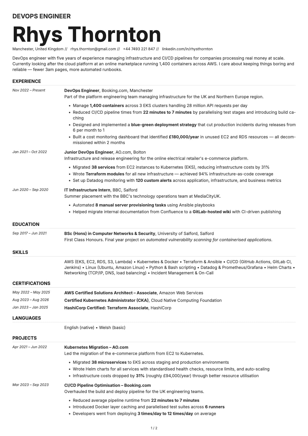 DevOps Engineer resume example