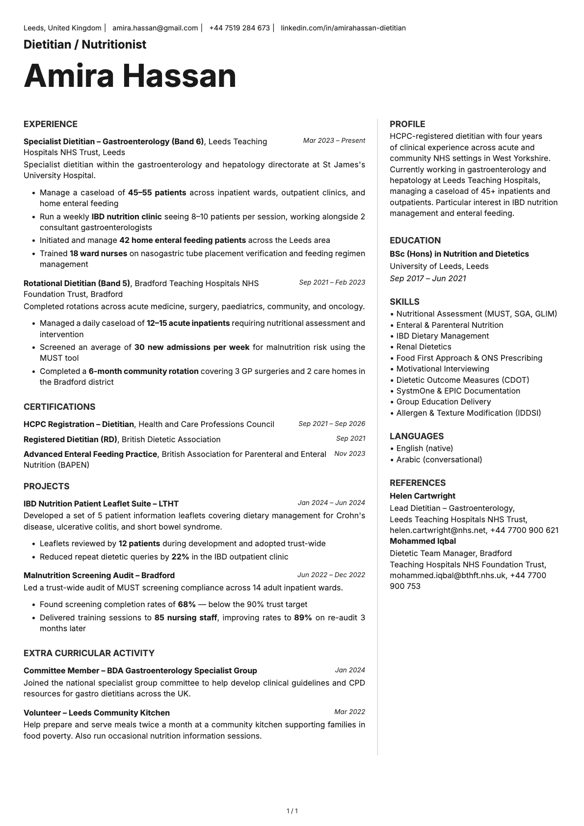 Dietitian / Nutritionist resume example