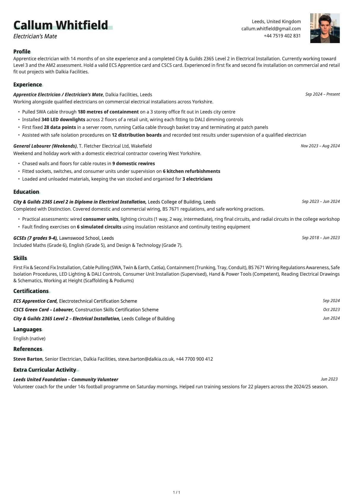 Electrician's Mate resume example