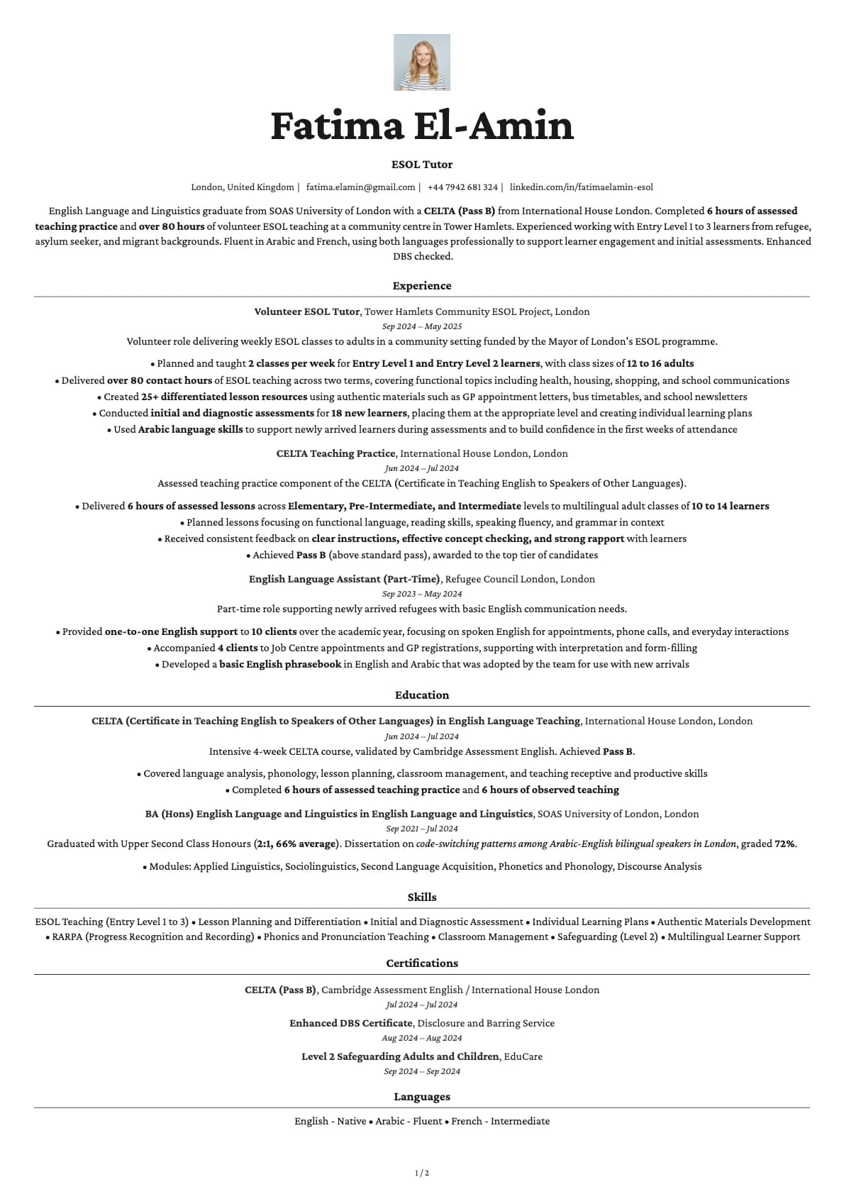 ESOL Tutor resume example