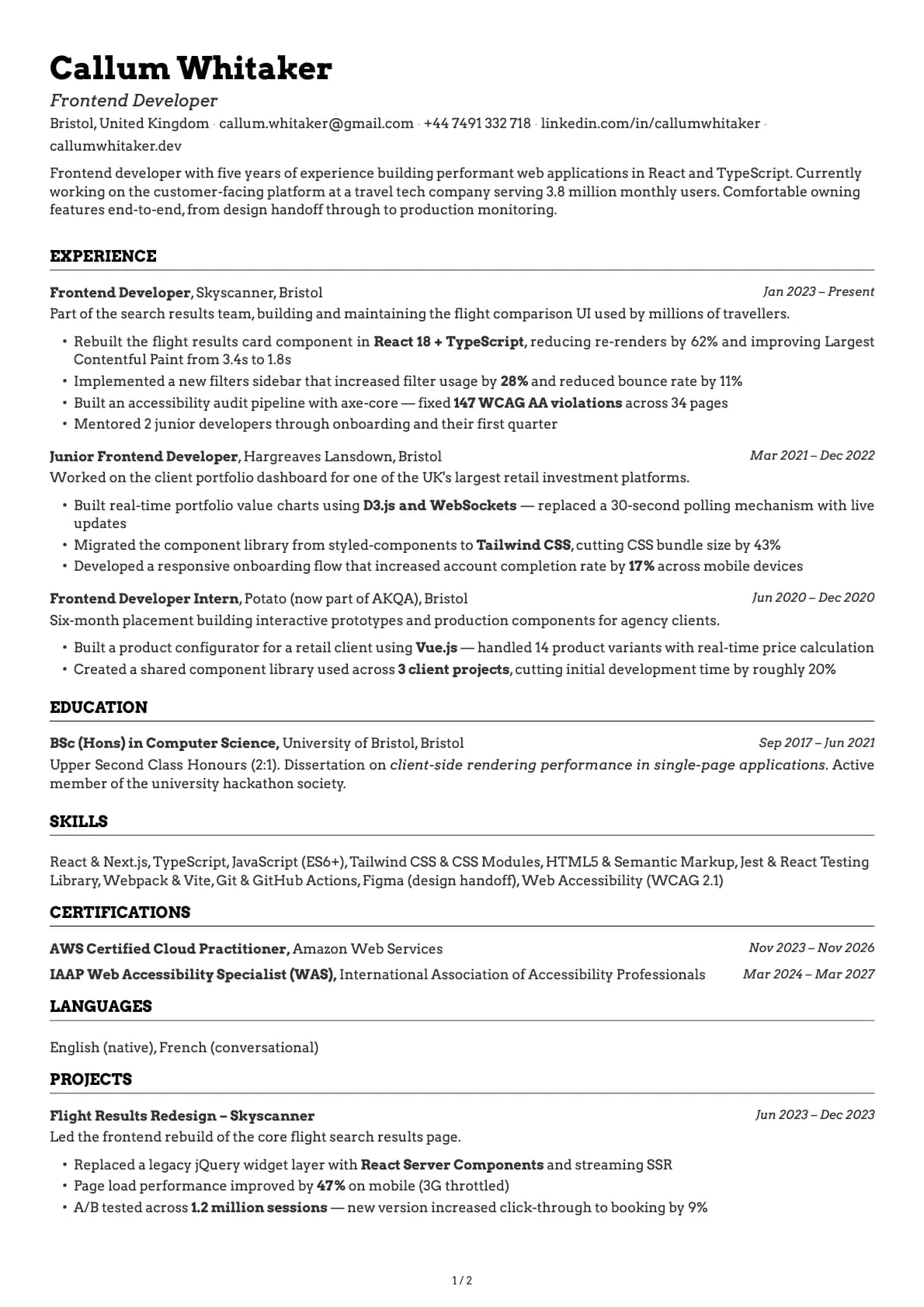 Frontend Developer resume example
