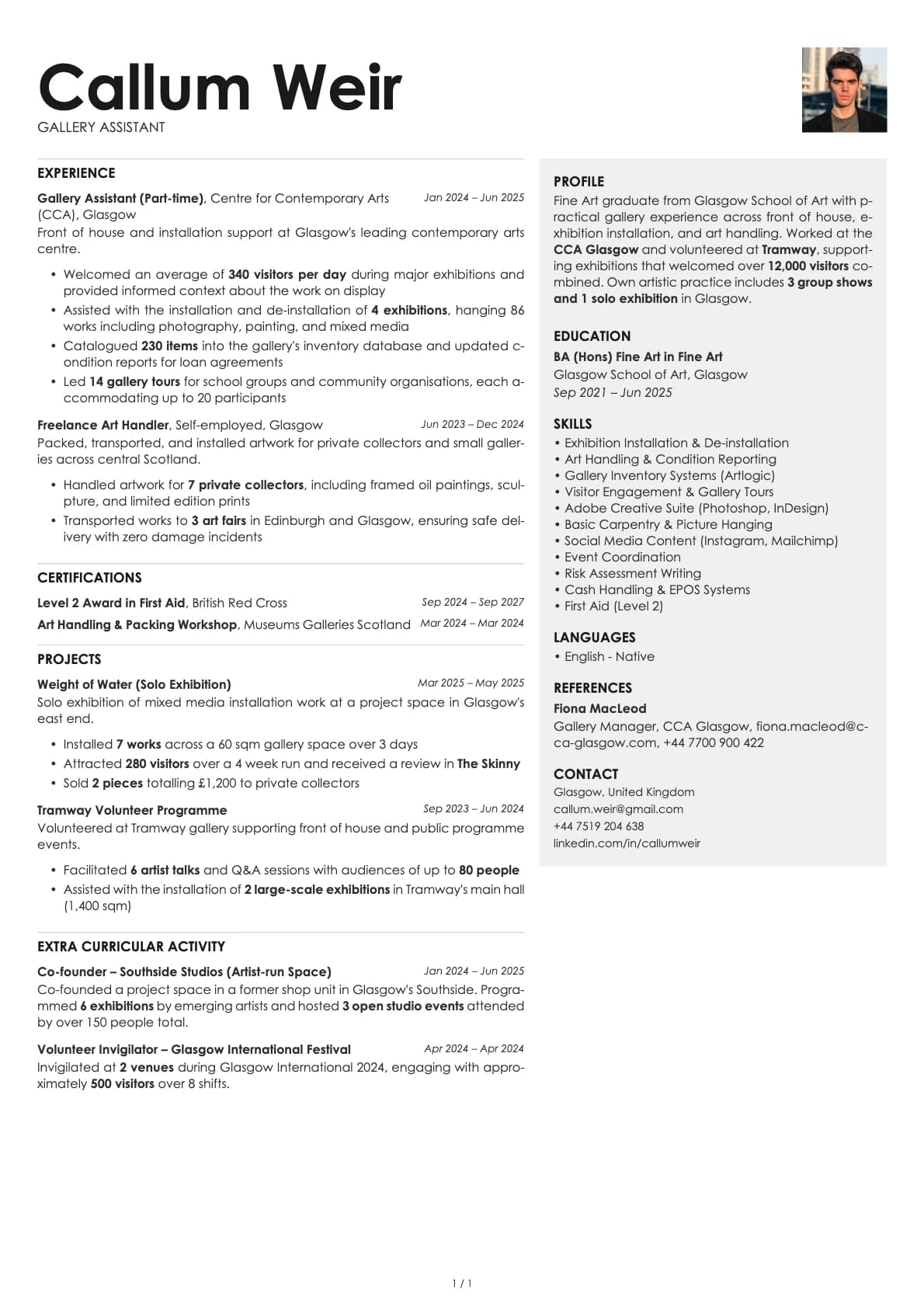 Gallery Assistant resume example