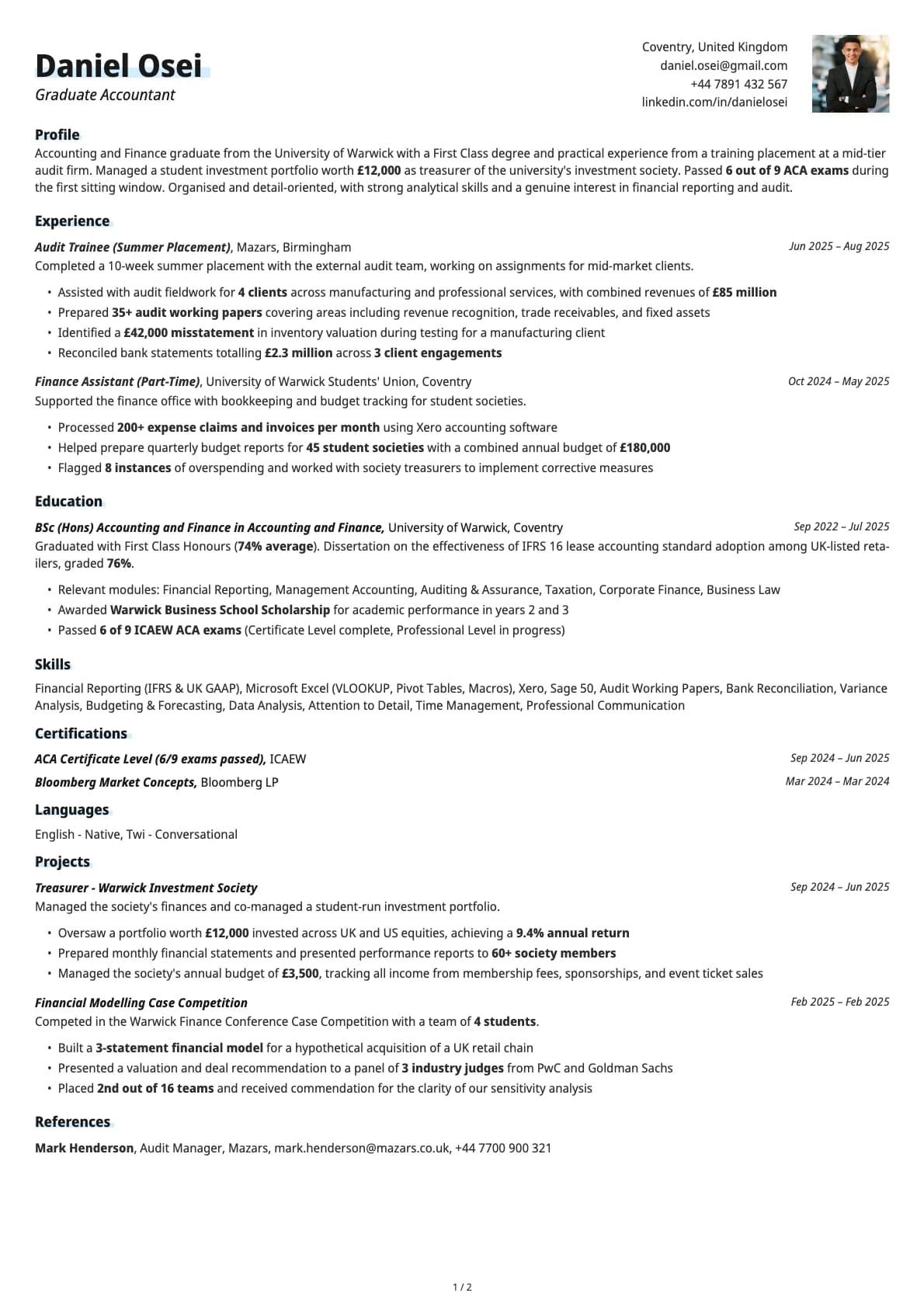 Graduate Accountant resume example