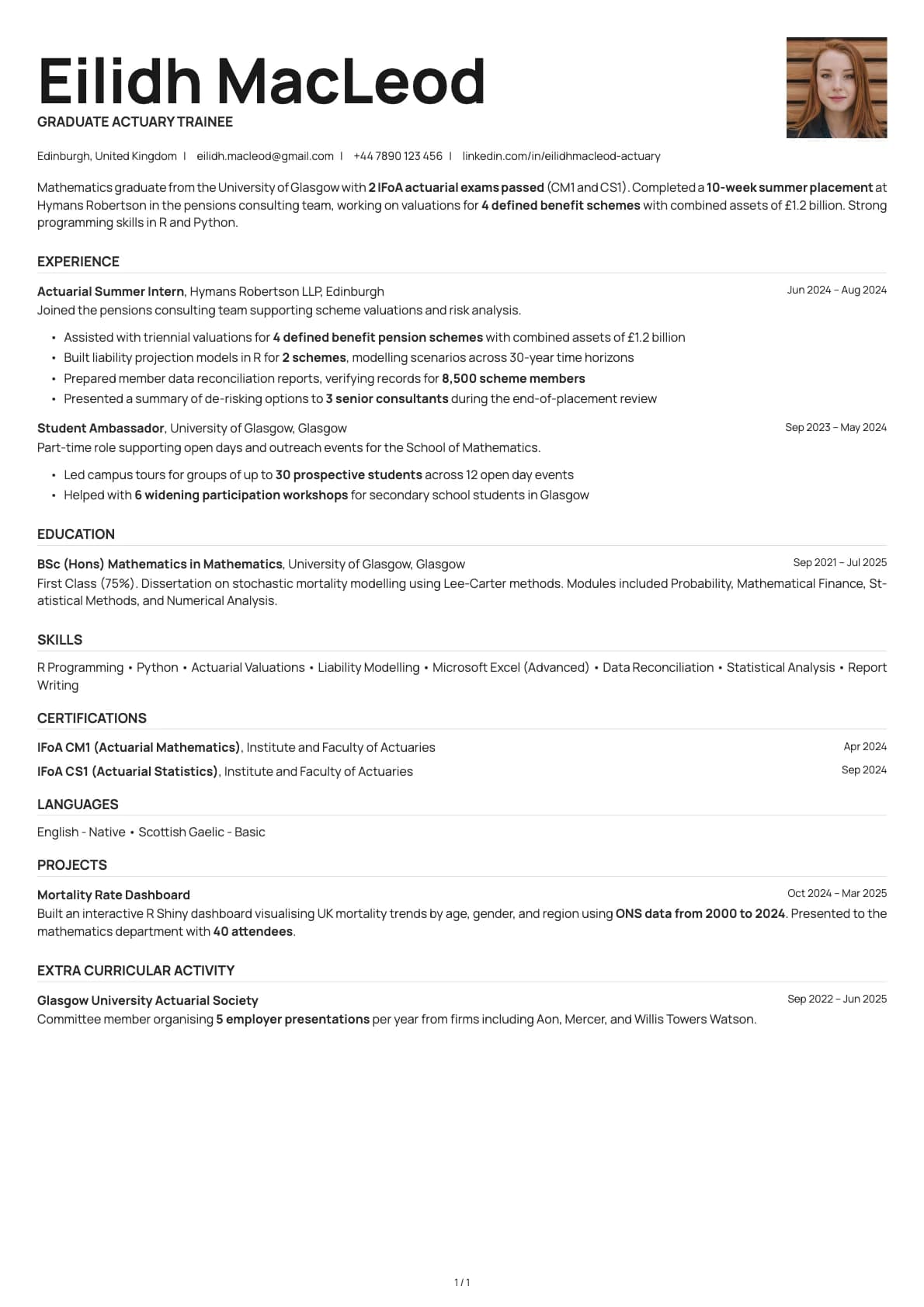 Graduate Actuary Trainee resume example