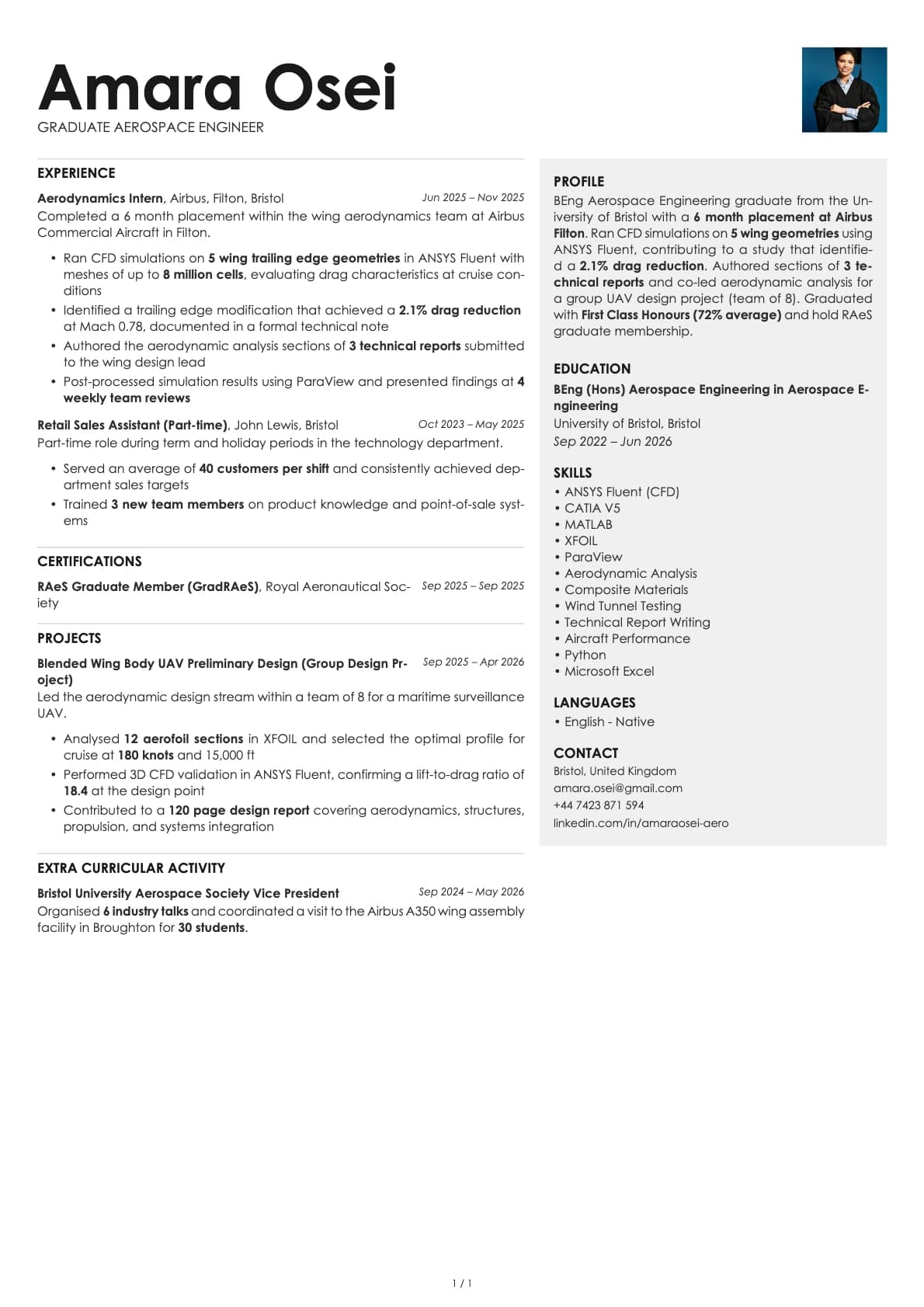 Graduate Aerospace Engineer resume example