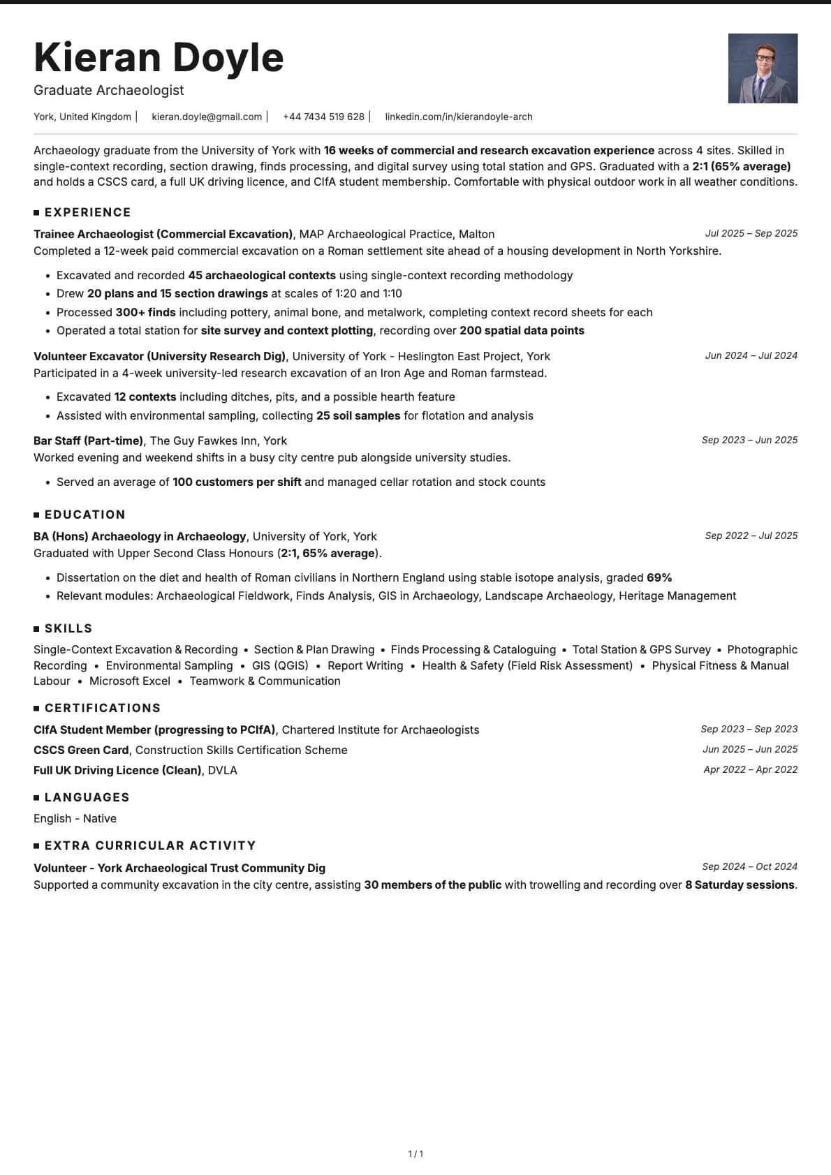 Graduate Archaeologist resume example