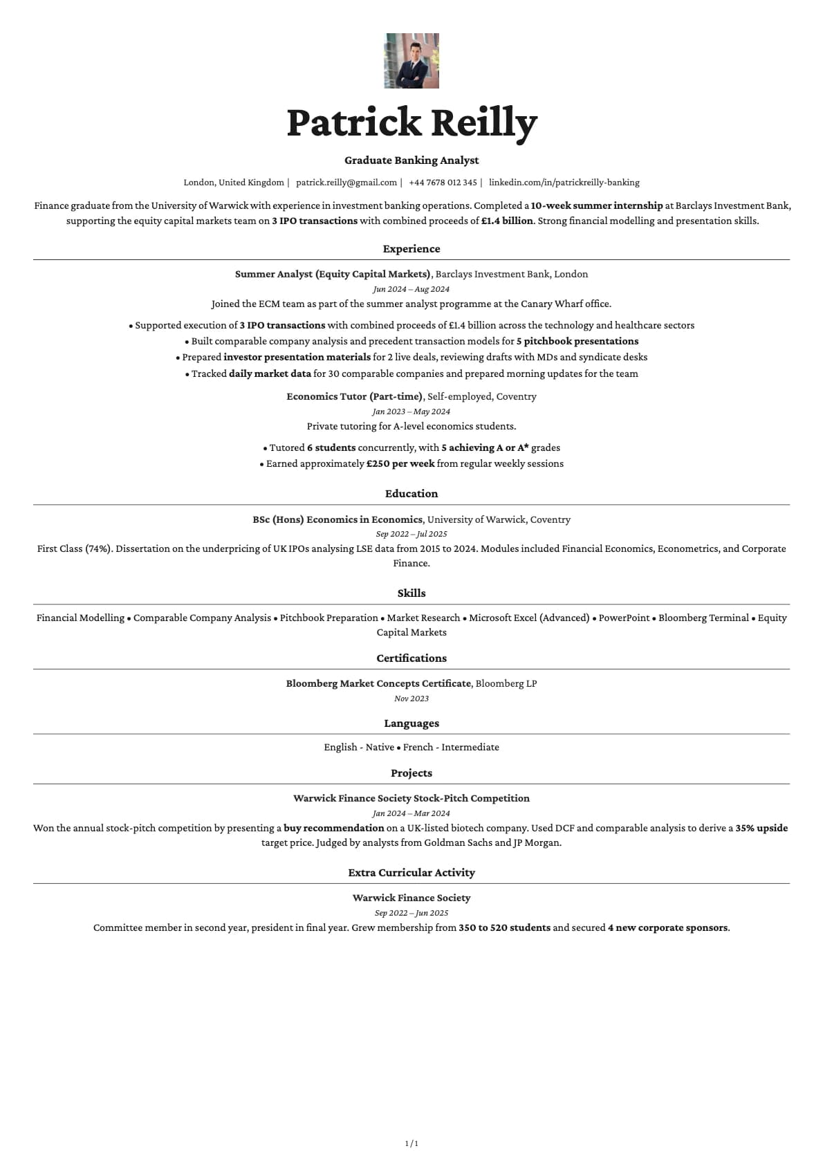 Graduate Banking Analyst resume example