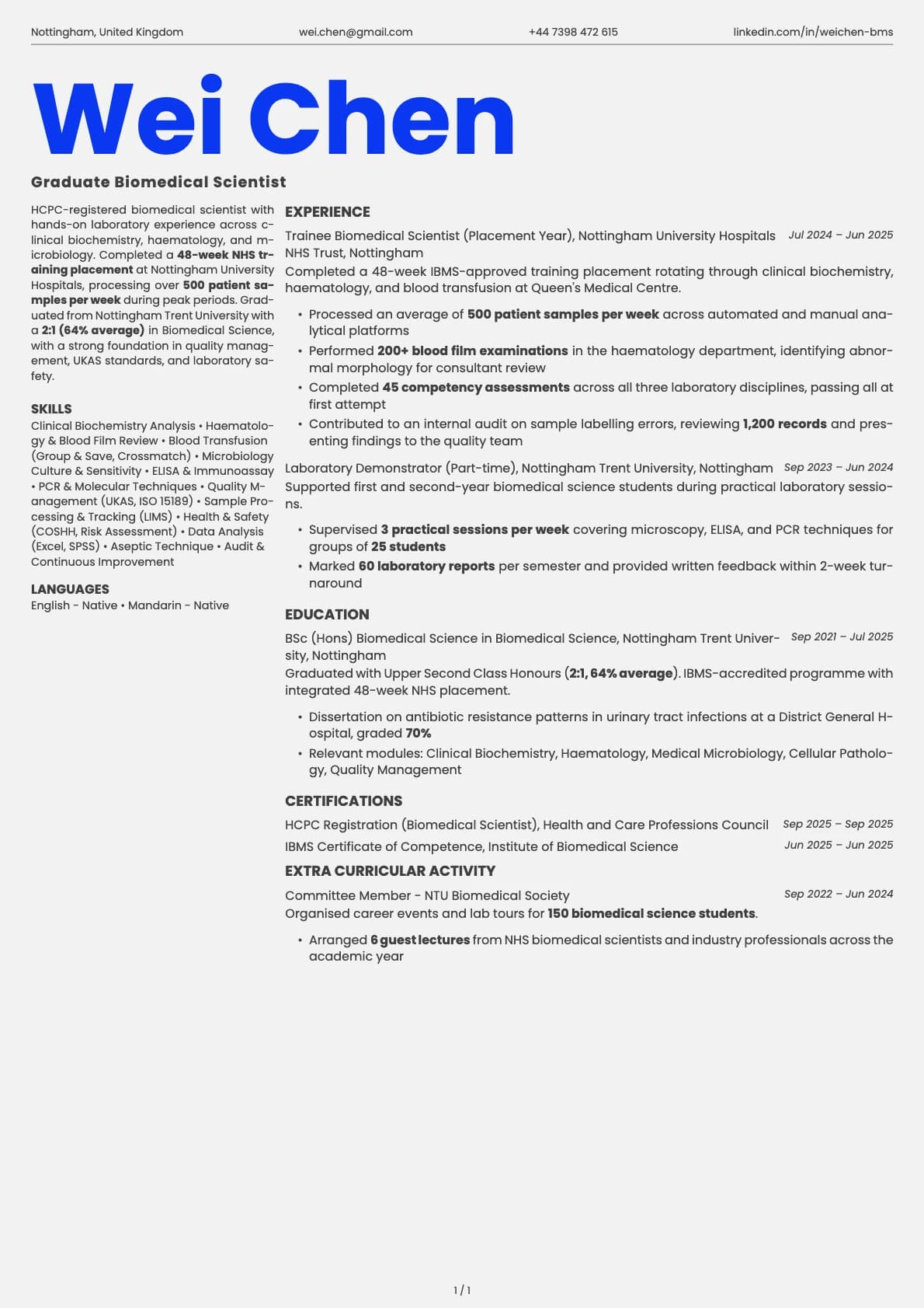 Graduate Biomedical Scientist resume example