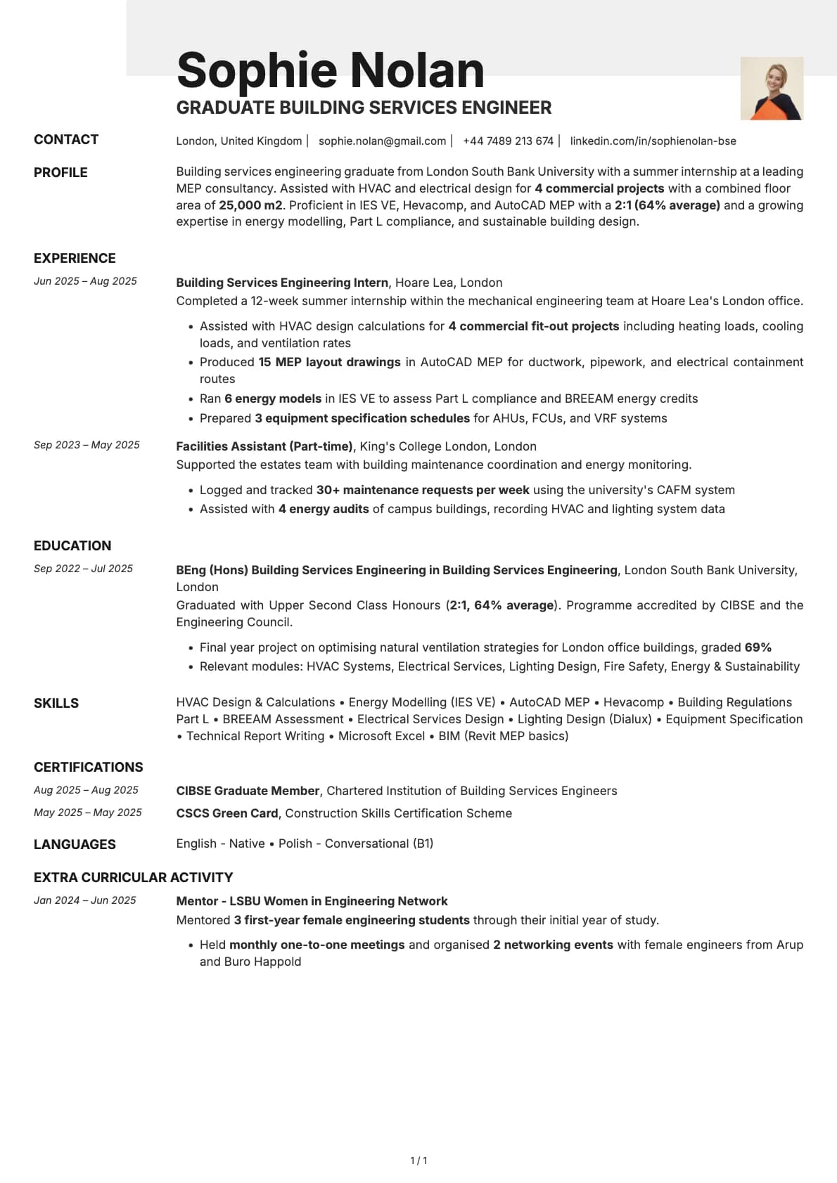 Graduate Building Services Engineer resume example