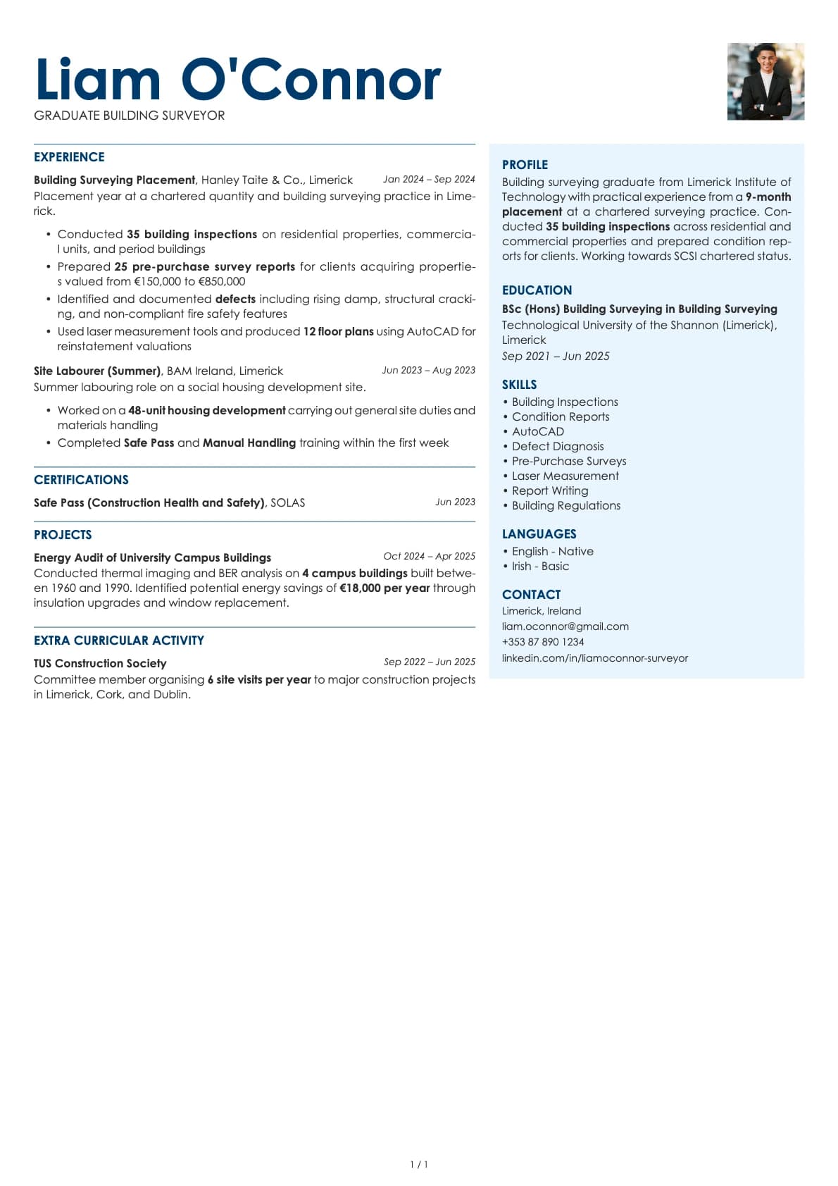 Graduate Building Surveyor resume example