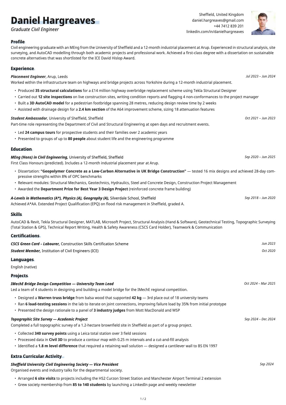 Graduate Civil Engineer resume example
