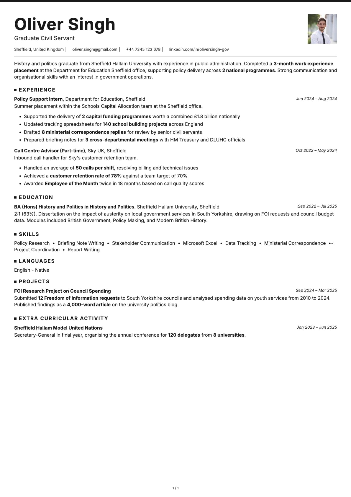 Graduate Civil Servant resume example