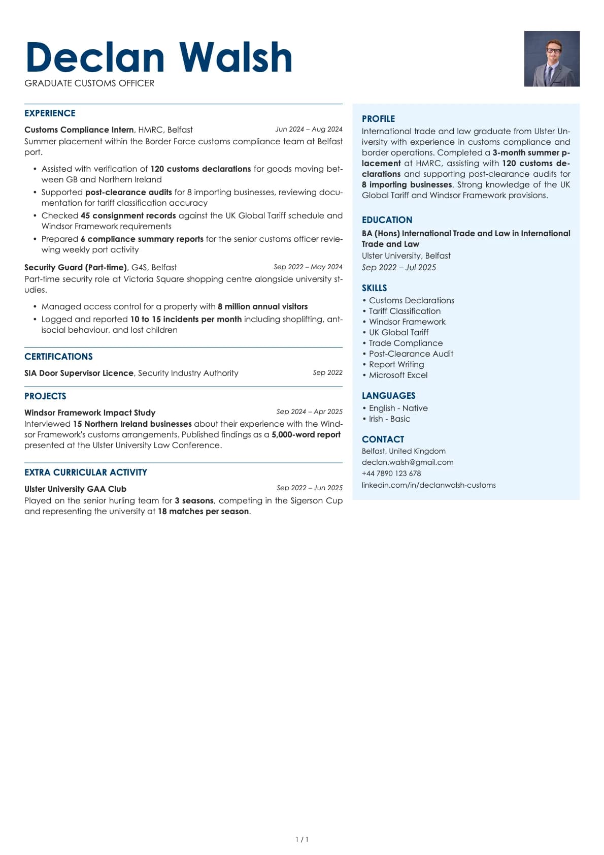 Graduate Customs Officer resume example