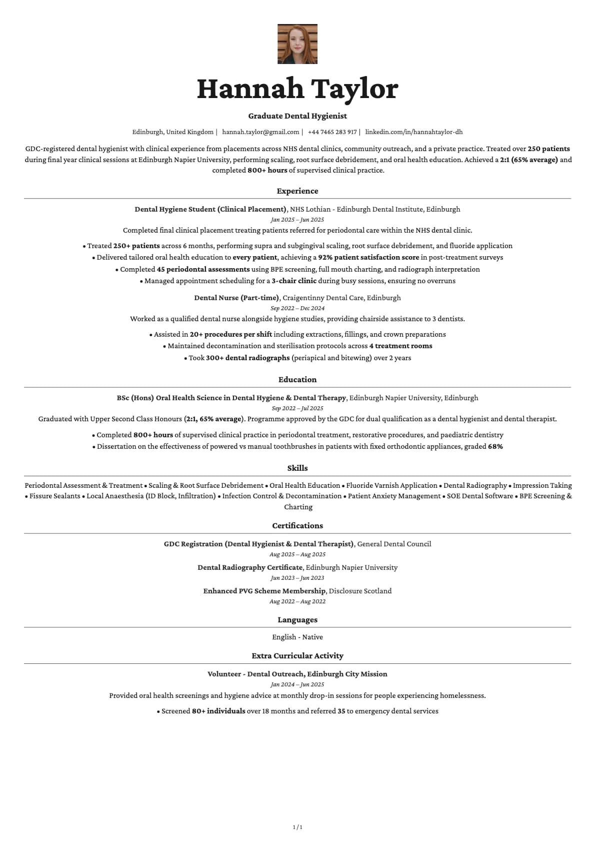 Graduate Dental Hygienist resume example