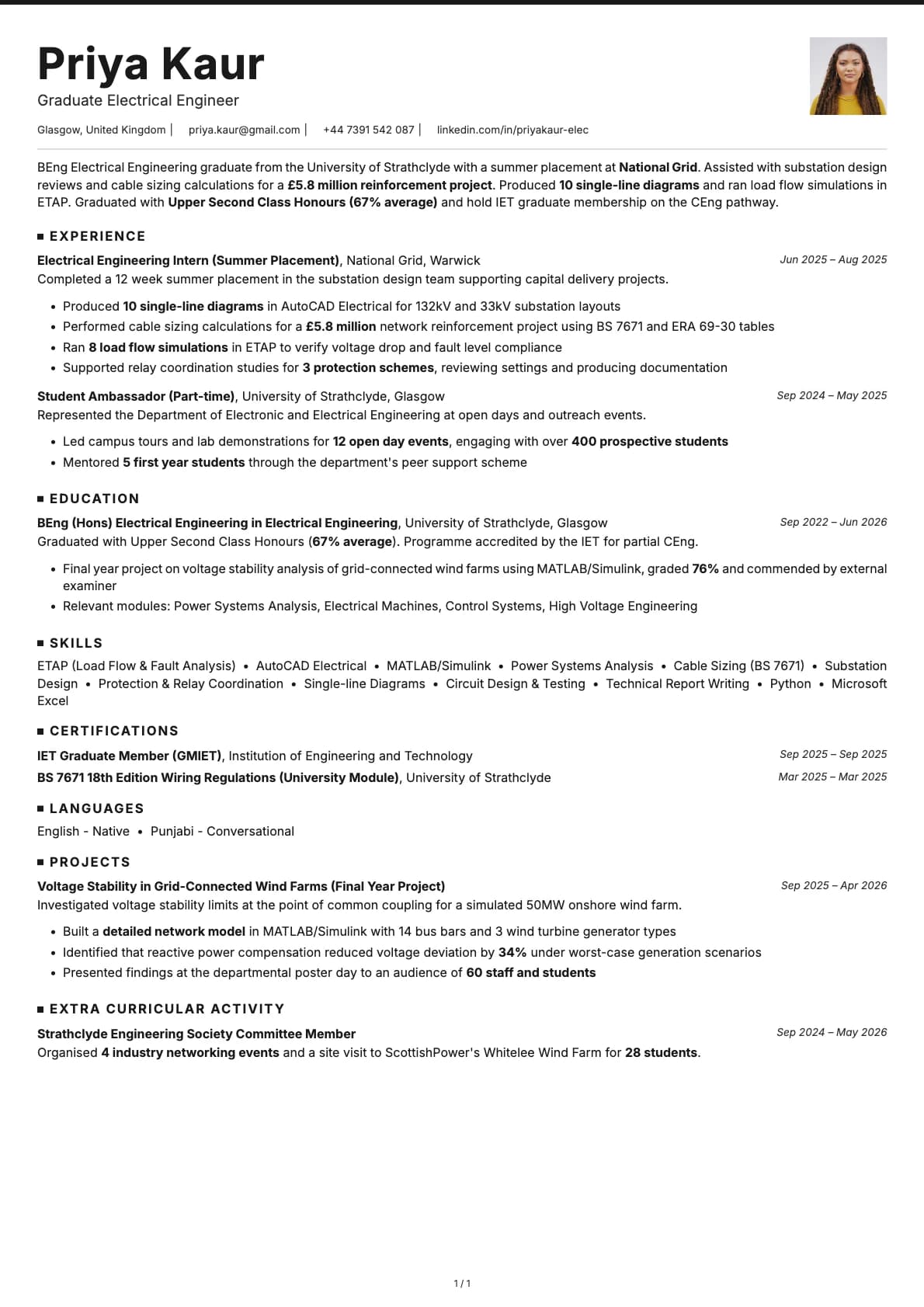 Graduate Electrical Engineer resume example