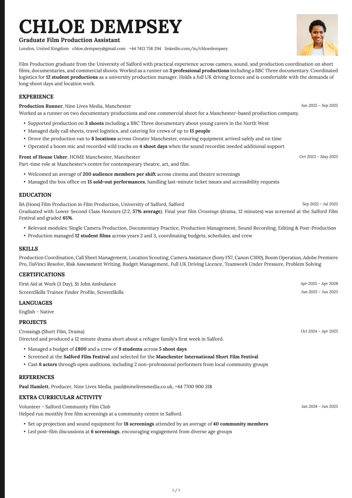 Graduate Film Production Assistant resume example
