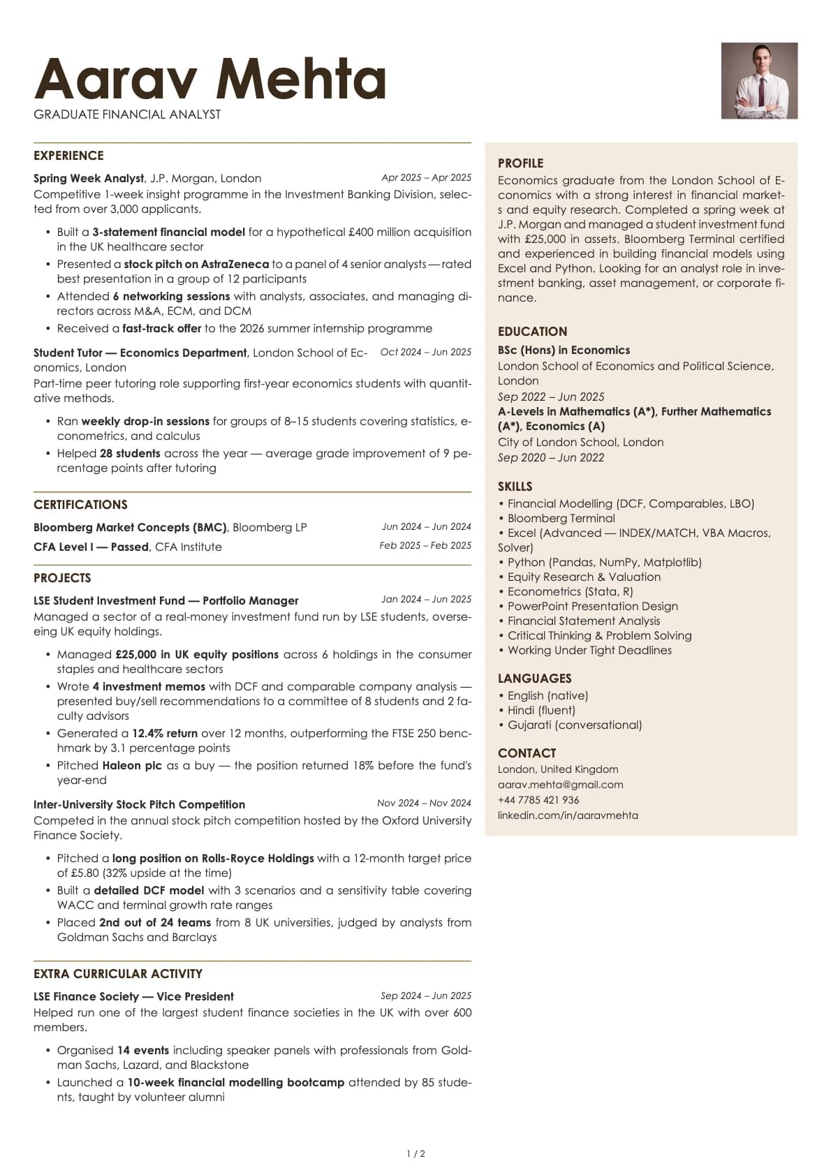 Graduate Financial Analyst resume example