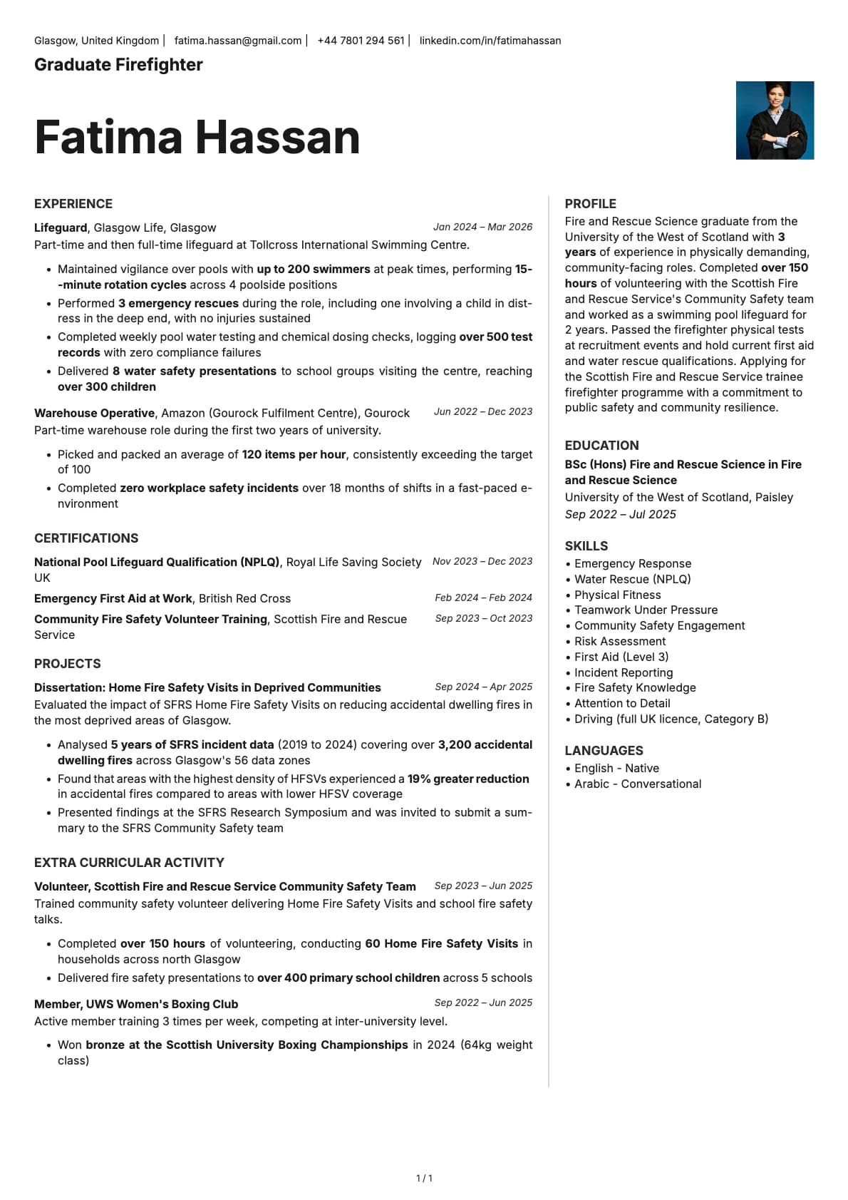 Graduate Firefighter resume example